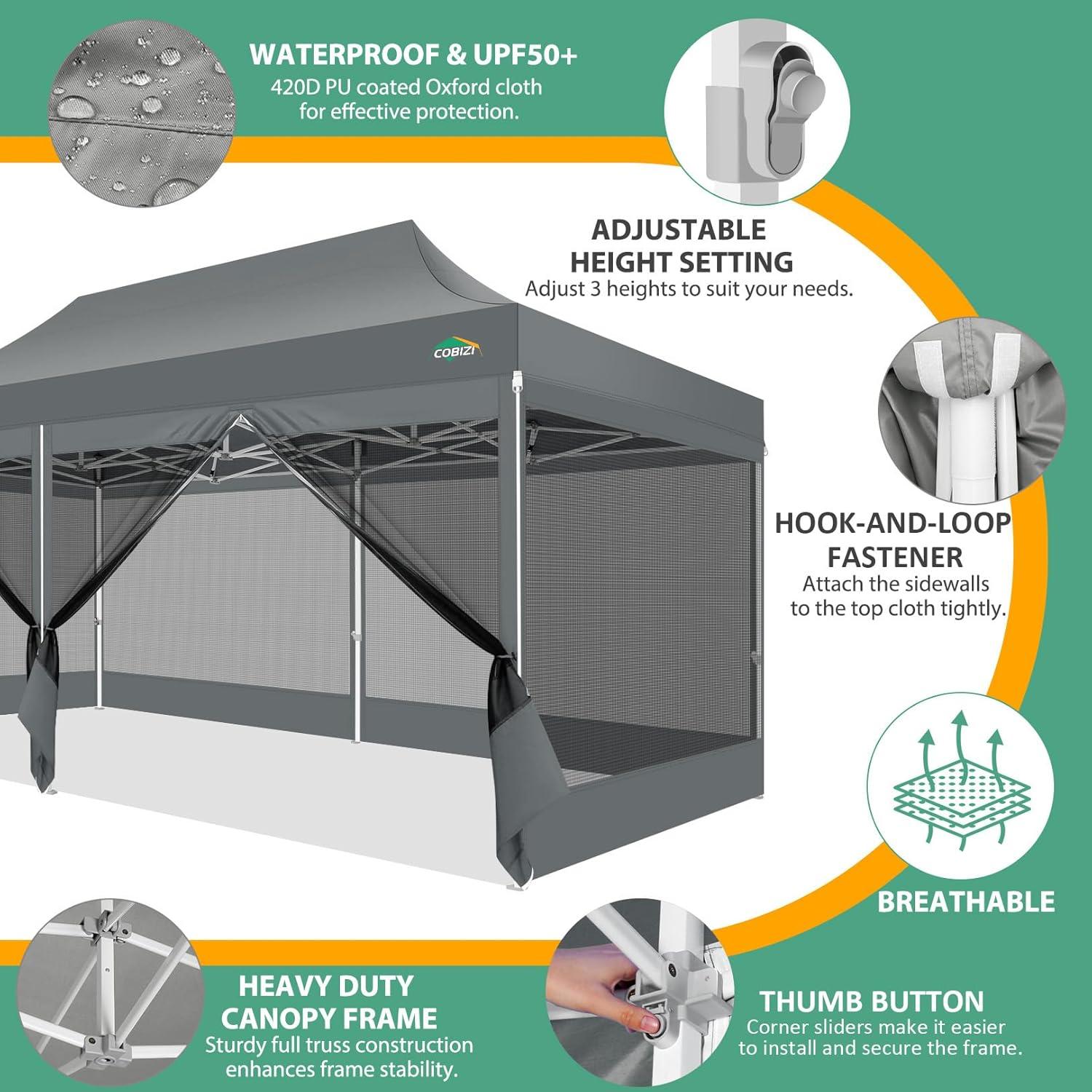 image:imageCOBIZI 10x10 Canopy Tent with 4 SidewallsHeavy Duty Pop up Canopy with Mosquito NettingEasy up Screen Tent for Parties Wedding Outdoor Camping with HandbagKhakiGray
