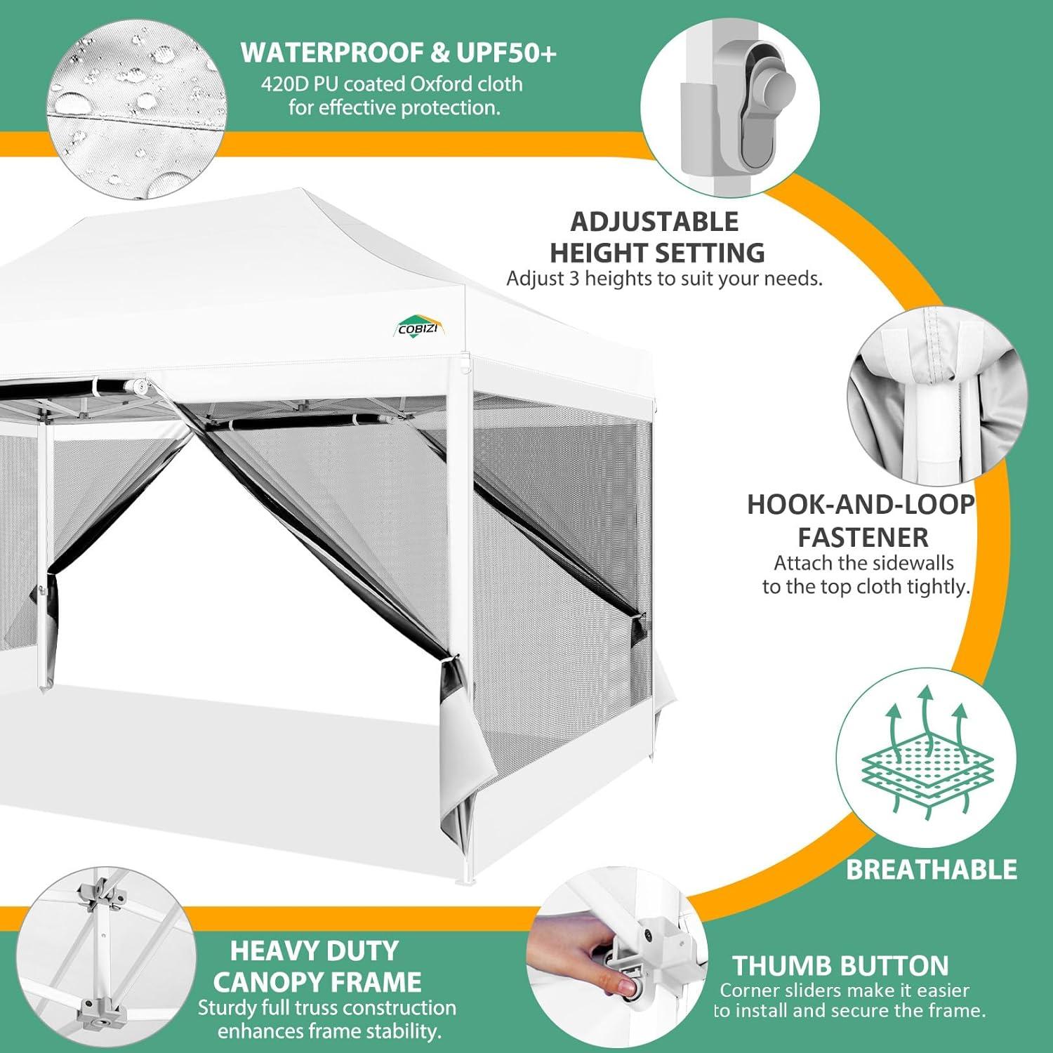 image:imageCOBIZI 10x10 Canopy Tent with 4 SidewallsHeavy Duty Pop up Canopy with Mosquito NettingEasy up Screen Tent for Parties Wedding Outdoor Camping with HandbagKhakiWhite