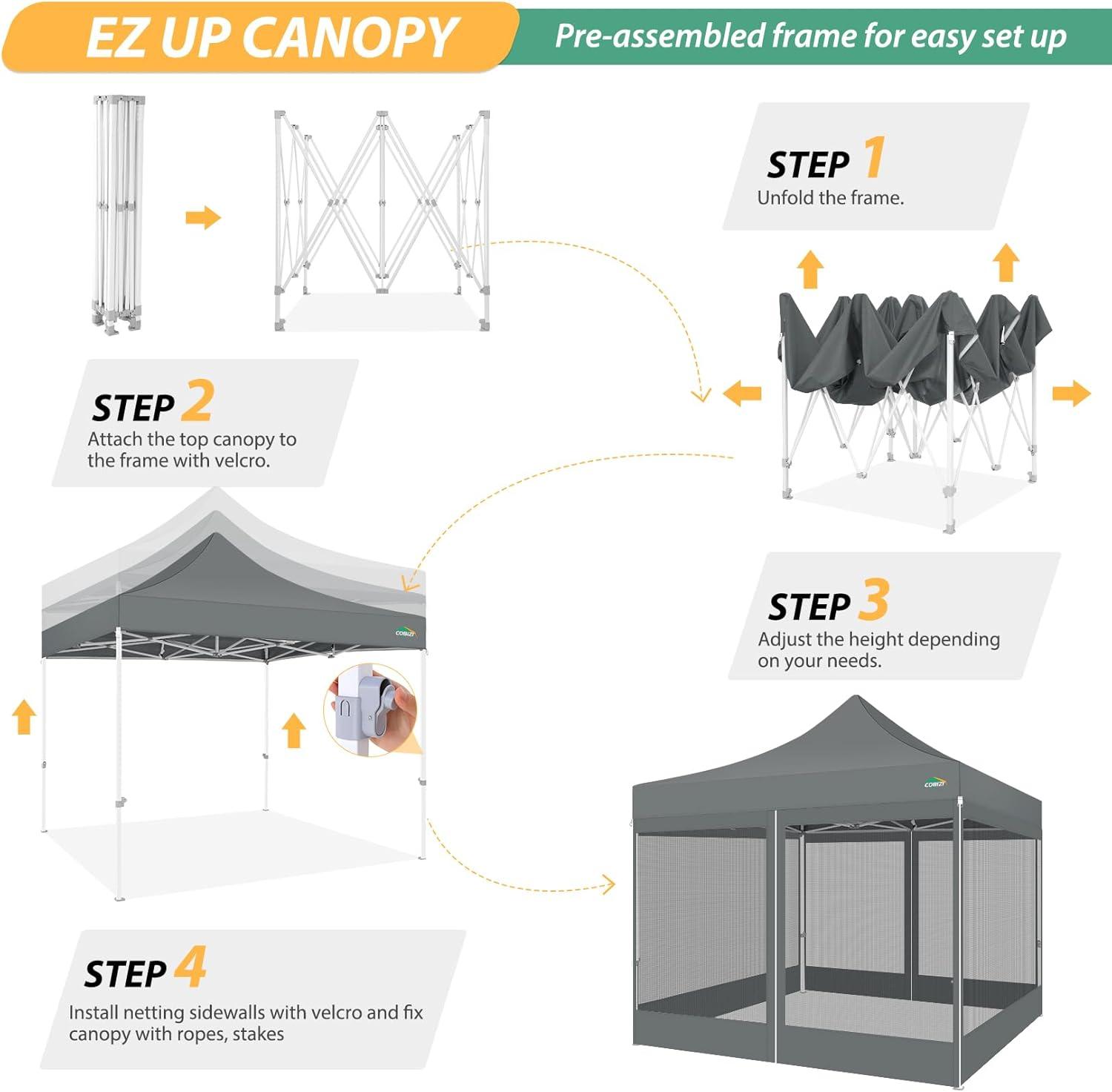 image:imageCOBIZI 10x10 Canopy Tent with 4 SidewallsHeavy Duty Pop up Canopy with Mosquito NettingEasy up Screen Tent for Parties Wedding Outdoor Camping with HandbagKhakiGray