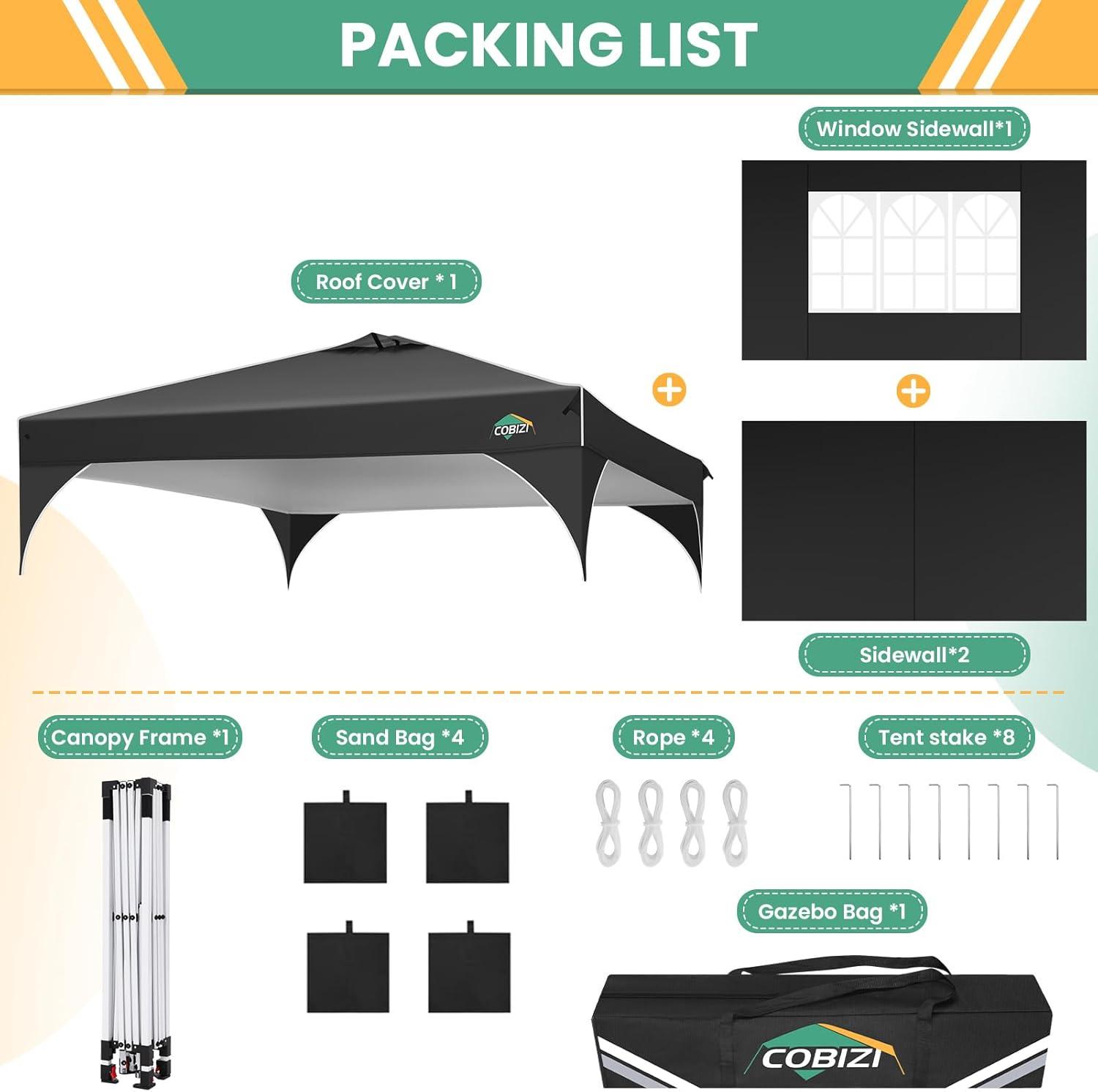 image:imageCOBIZI 10x10 Pop Up Canopy Tent Outdoor Party Tent with 3 Sidewalls 1 Person Easy Set up Tents for Parties with Fluorescent Strip amp 4 Sandbags Waterproof UPF50 3 Adjustable Height GrayBlack