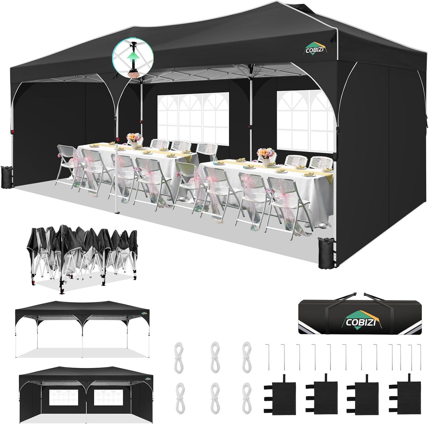 image:imageCOBIZI 10x10 Pop Up Canopy Tent Outdoor Party Tent with 3 Sidewalls 1 Person Easy Set up Tents for Parties with Fluorescent Strip amp 4 Sandbags Waterproof UPF50 3 Adjustable Height GrayBlack