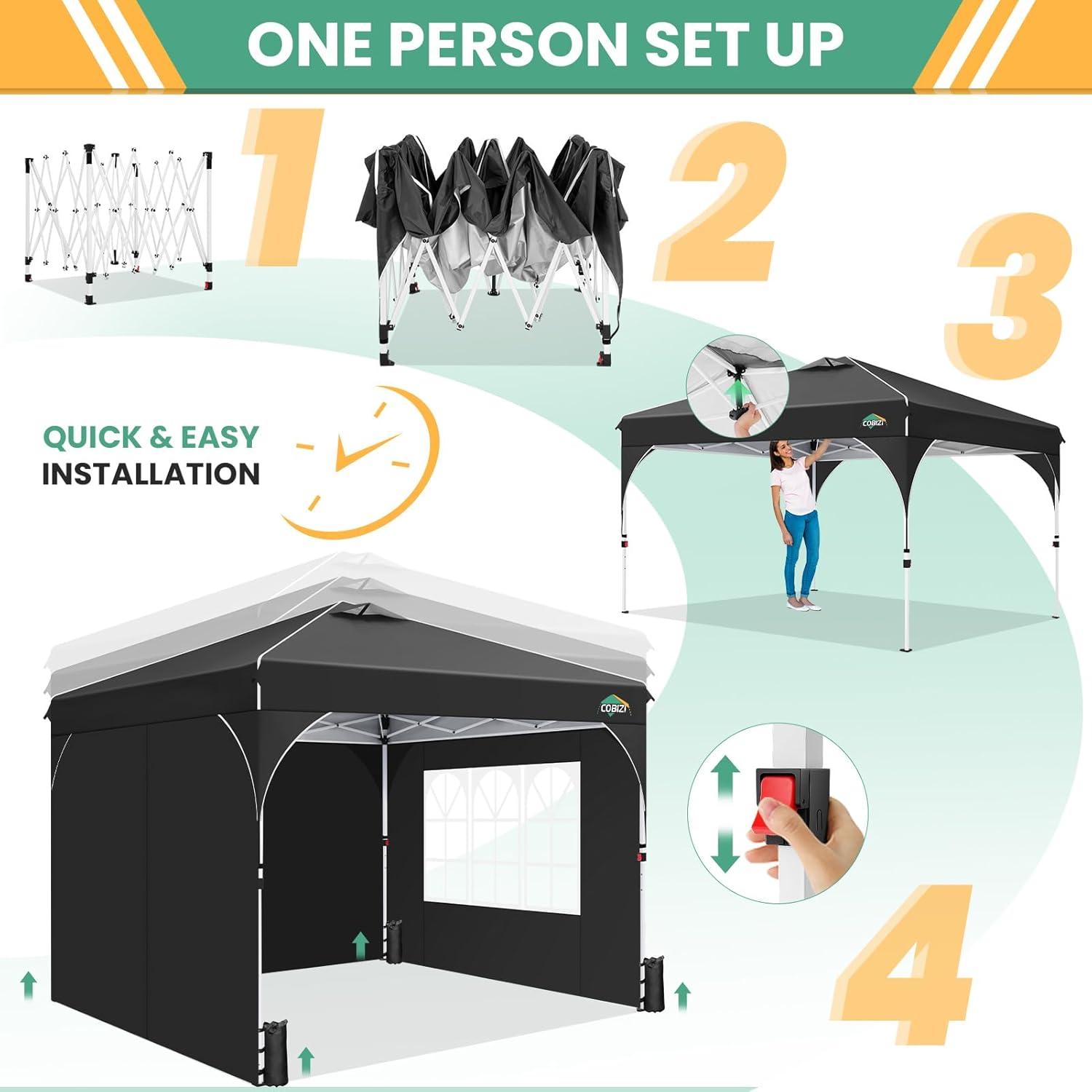 image:imageCOBIZI 10x10 Pop Up Canopy Tent Outdoor Party Tent with 3 Sidewalls 1 Person Easy Set up Tents for Parties with Fluorescent Strip amp 4 Sandbags Waterproof UPF50 3 Adjustable Height GrayBlack