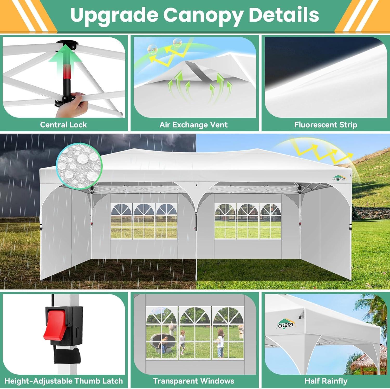 image:imageCOBIZI 10x10 Pop Up Canopy Tent Outdoor Party Tent with 3 Sidewalls 1 Person Easy Set up Tents for Parties with Fluorescent Strip amp 4 Sandbags Waterproof UPF50 3 Adjustable Height GrayWhite