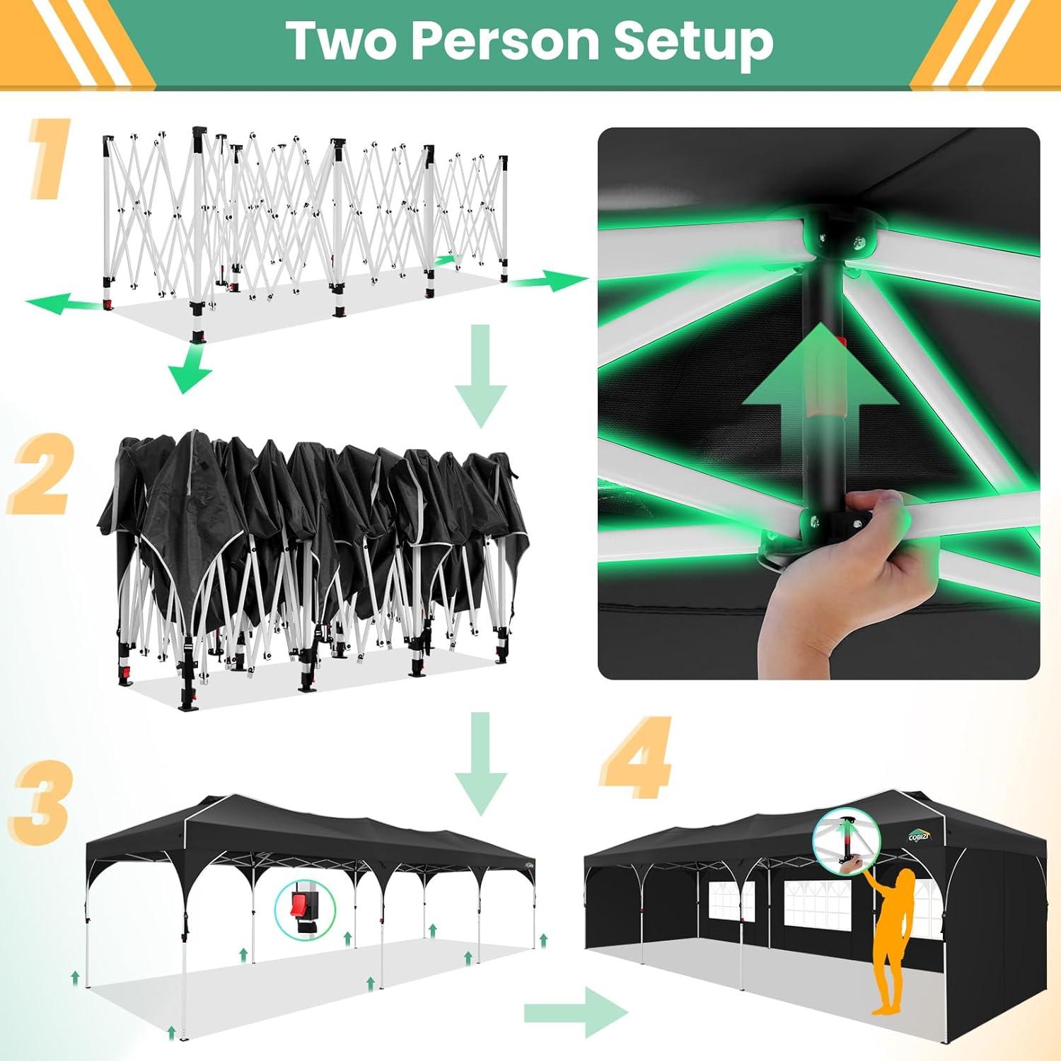 image:imageCOBIZI 10x10 Pop Up Canopy Tent Outdoor Party Tent with 3 Sidewalls 1 Person Easy Set up Tents for Parties with Fluorescent Strip amp 4 Sandbags Waterproof UPF50 3 Adjustable Height GrayBlack