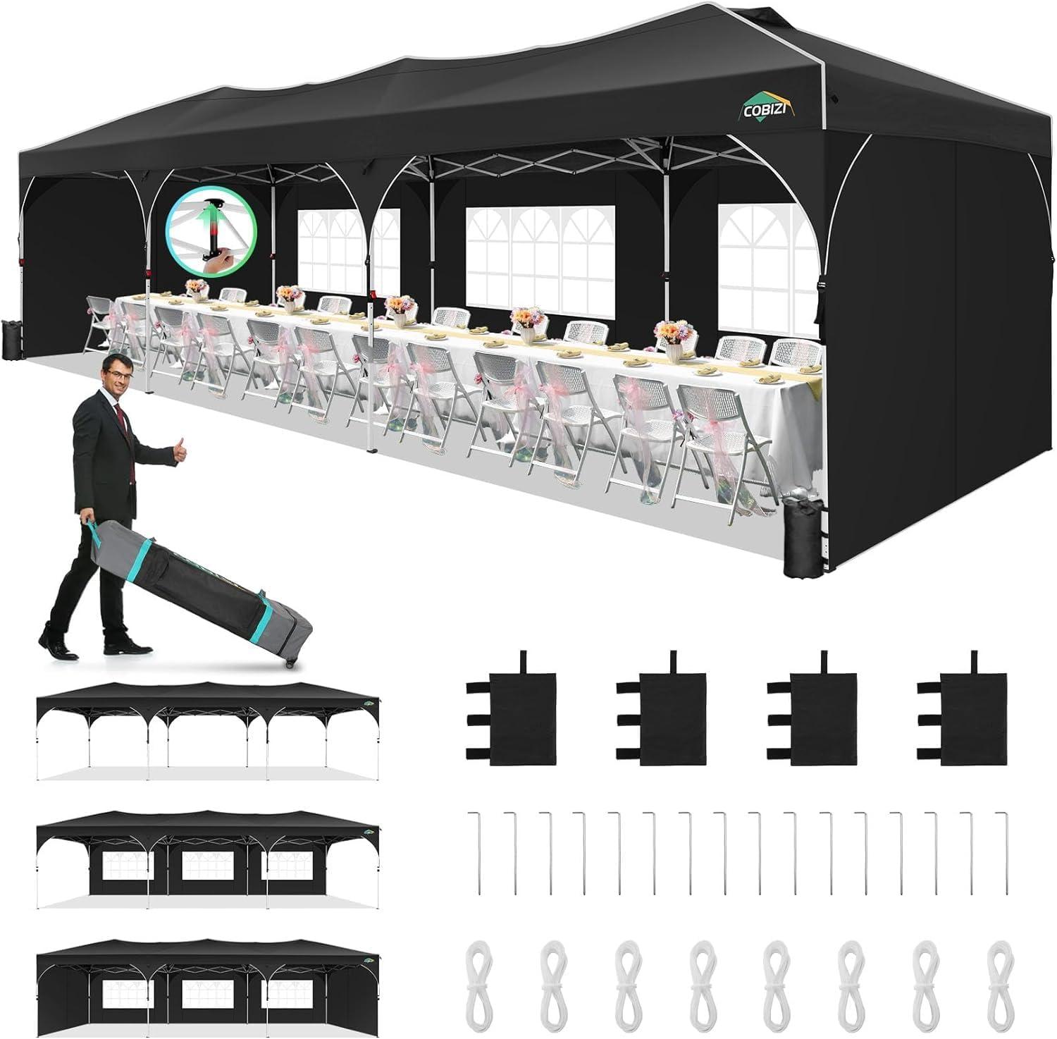 image:imageCOBIZI 10x10 Pop Up Canopy Tent Outdoor Party Tent with 3 Sidewalls 1 Person Easy Set up Tents for Parties with Fluorescent Strip amp 4 Sandbags Waterproof UPF50 3 Adjustable Height GrayBlack