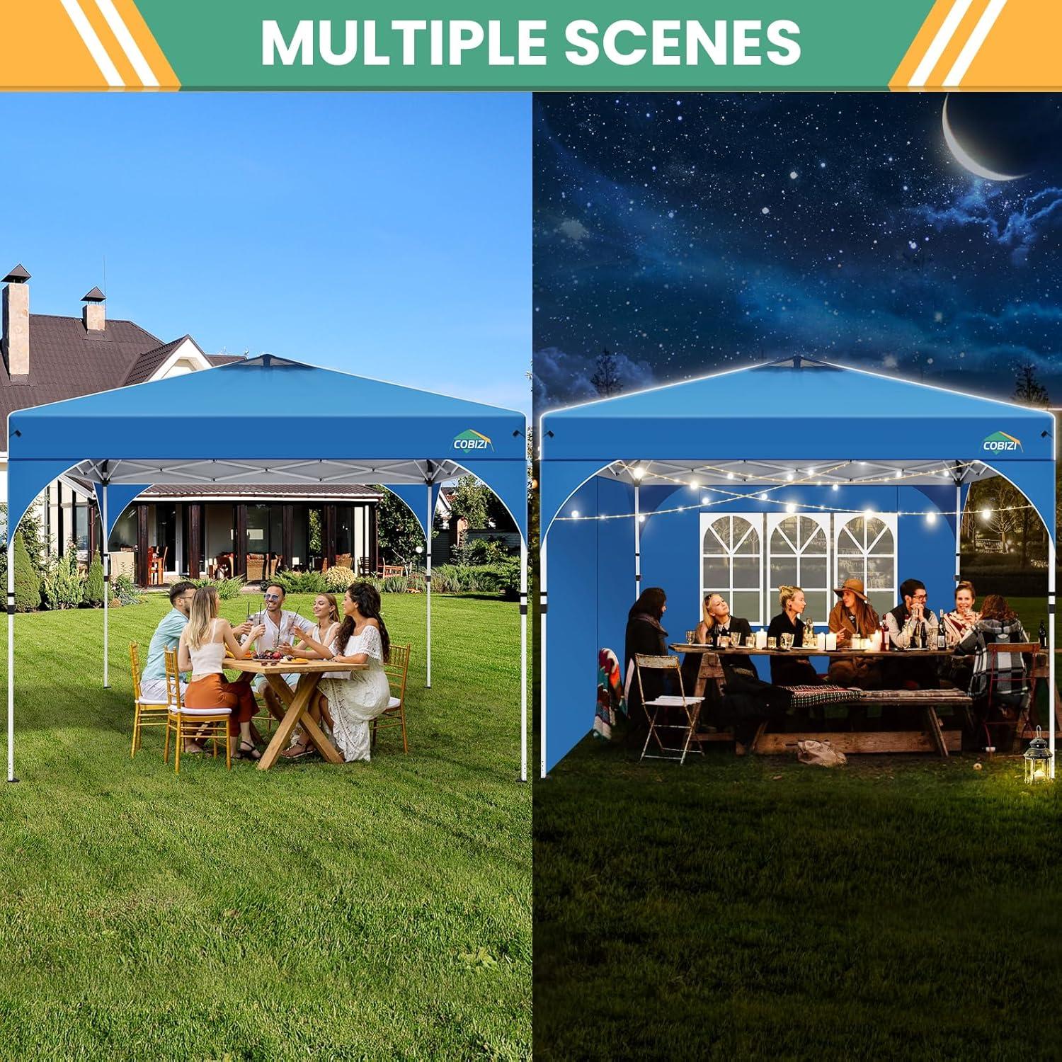 image:imageCOBIZI 10x10 Pop Up Canopy Tent Outdoor Party Tent with 3 Sidewalls 1 Person Easy Set up Tents for Parties with Fluorescent Strip amp 4 Sandbags Waterproof UPF50 3 Adjustable Height GrayBlue