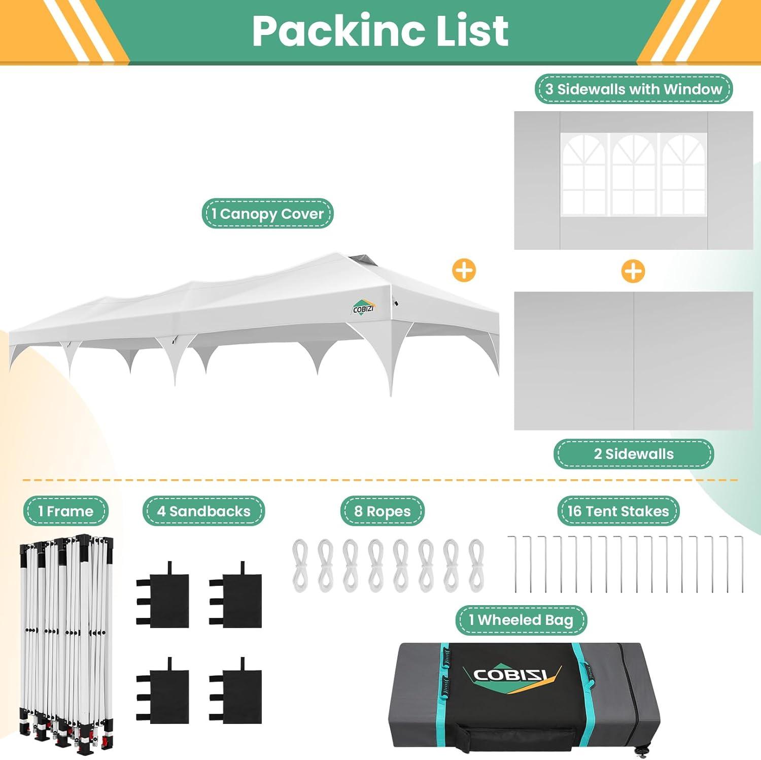 image:imageCOBIZI 10x10 Pop Up Canopy Tent Outdoor Party Tent with 3 Sidewalls 1 Person Easy Set up Tents for Parties with Fluorescent Strip amp 4 Sandbags Waterproof UPF50 3 Adjustable Height GrayWhite