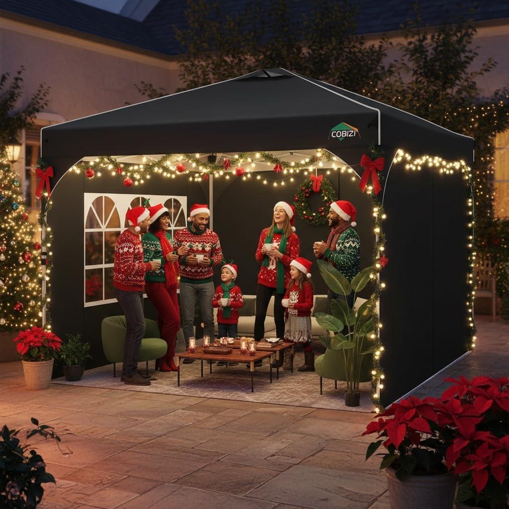 image:imageCOBIZI 10x10 Pop Up Canopy Tent Outdoor Party Tent with 3 Sidewalls 1 Person Easy Set up Tents for Parties with Fluorescent Strip amp 4 Sandbags Waterproof UPF50 3 Adjustable Height GrayBlack