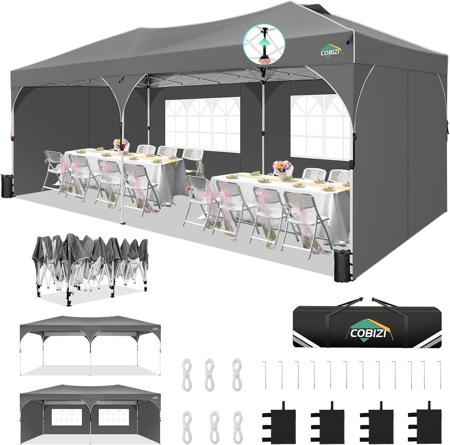image:imageCOBIZI 10x10 Pop Up Canopy Tent Outdoor Party Tent with 3 Sidewalls 1 Person Easy Set up Tents for Parties with Fluorescent Strip amp 4 Sandbags Waterproof UPF50 3 Adjustable Height GrayGray