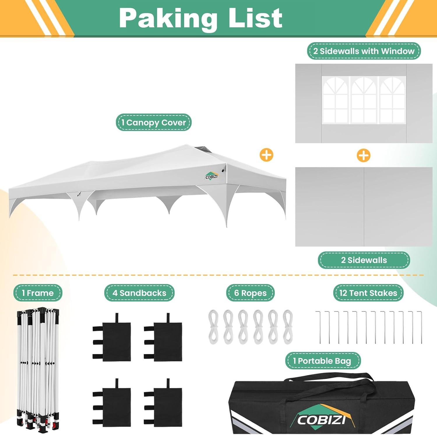 image:imageCOBIZI 10x10 Pop Up Canopy Tent Outdoor Party Tent with 3 Sidewalls 1 Person Easy Set up Tents for Parties with Fluorescent Strip amp 4 Sandbags Waterproof UPF50 3 Adjustable Height GrayWhite