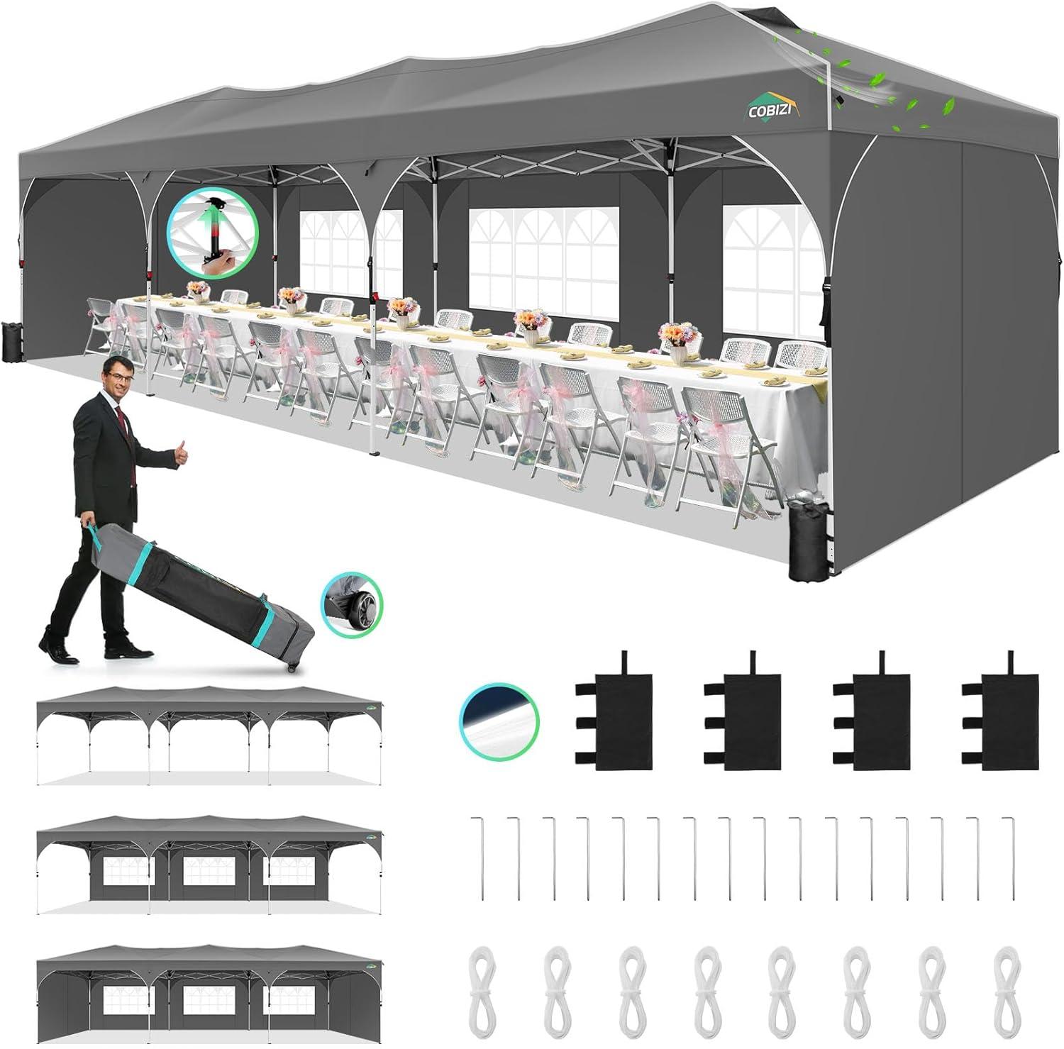 image:imageCOBIZI 10x10 Pop Up Canopy Tent Outdoor Party Tent with 3 Sidewalls 1 Person Easy Set up Tents for Parties with Fluorescent Strip amp 4 Sandbags Waterproof UPF50 3 Adjustable Height GrayGray