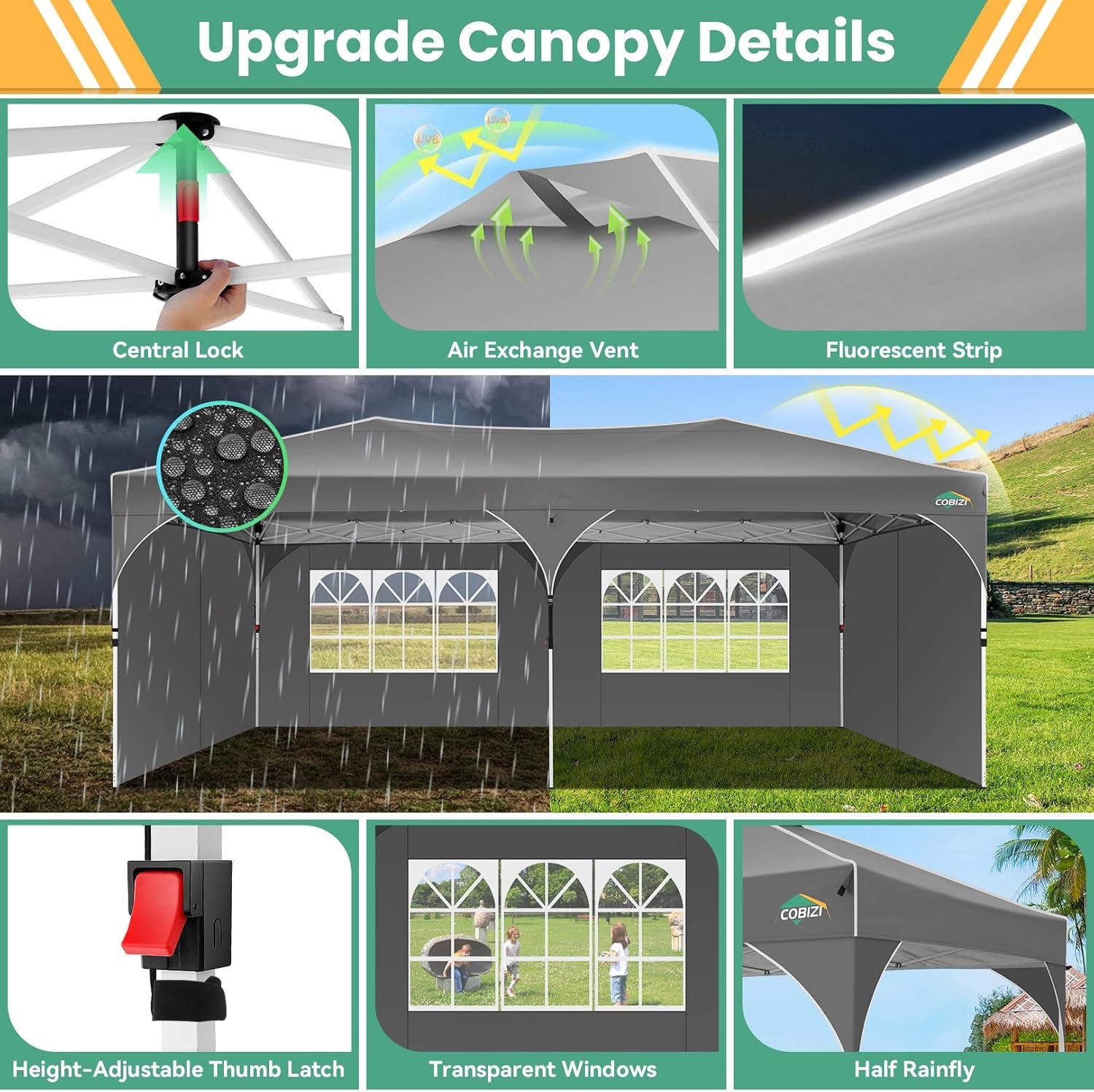 image:imageCOBIZI 10x10 Pop Up Canopy Tent Outdoor Party Tent with 3 Sidewalls 1 Person Easy Set up Tents for Parties with Fluorescent Strip amp 4 Sandbags Waterproof UPF50 3 Adjustable Height GrayGray