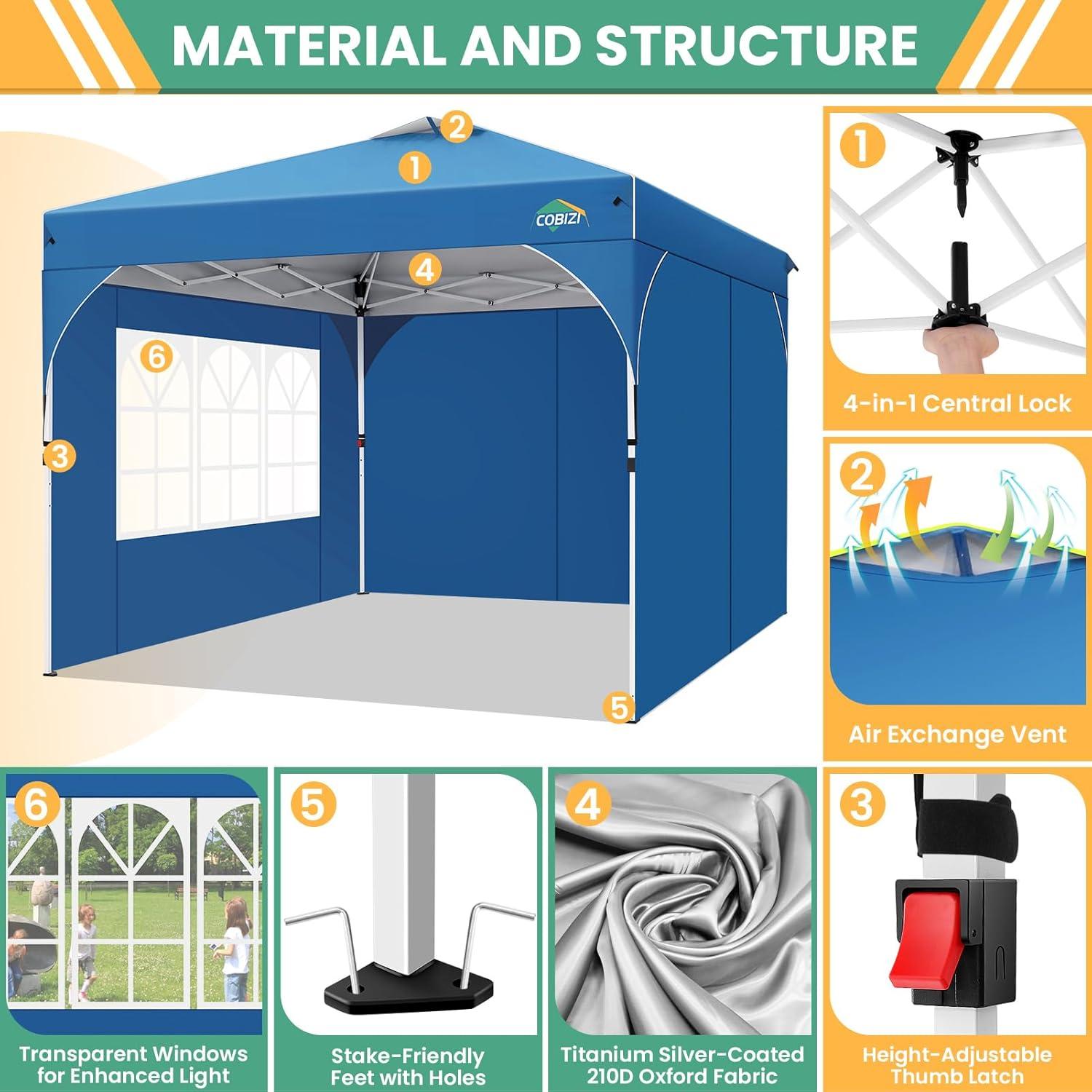 image:imageCOBIZI 10x10 Pop Up Canopy Tent Outdoor Party Tent with 3 Sidewalls 1 Person Easy Set up Tents for Parties with Fluorescent Strip amp 4 Sandbags Waterproof UPF50 3 Adjustable Height GrayBlue