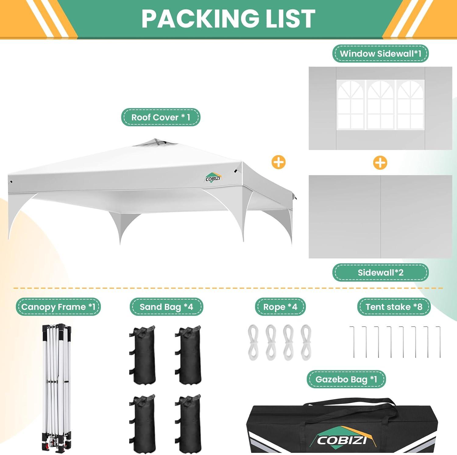 image:imageCOBIZI 10x10 Pop Up Canopy Tent Outdoor Party Tent with 3 Sidewalls 1 Person Easy Set up Tents for Parties with Fluorescent Strip amp 4 Sandbags Waterproof UPF50 3 Adjustable Height GrayWhite