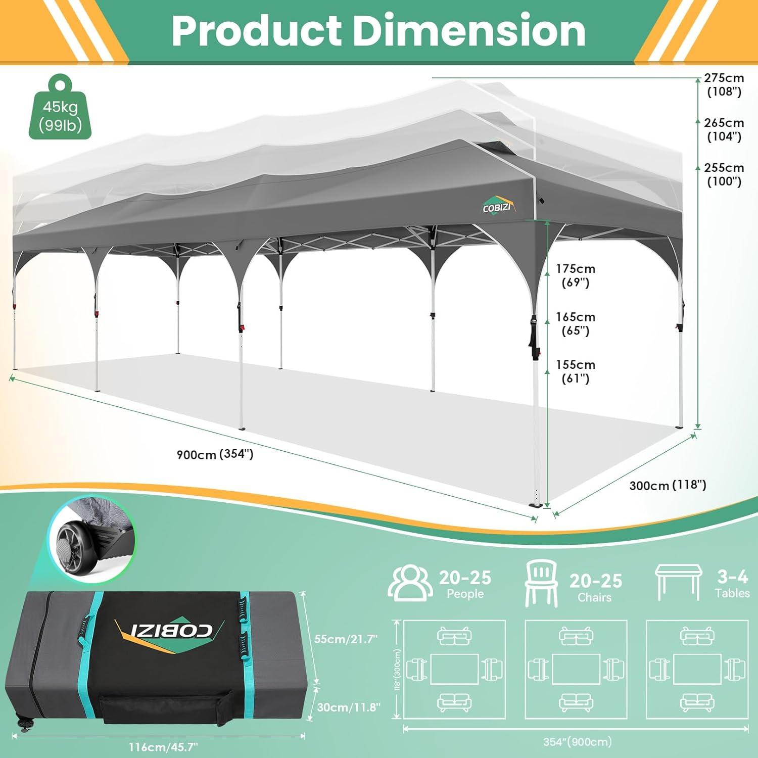 image:imageCOBIZI 10x10 Pop Up Canopy Tent Outdoor Party Tent with 3 Sidewalls 1 Person Easy Set up Tents for Parties with Fluorescent Strip amp 4 Sandbags Waterproof UPF50 3 Adjustable Height GrayGray