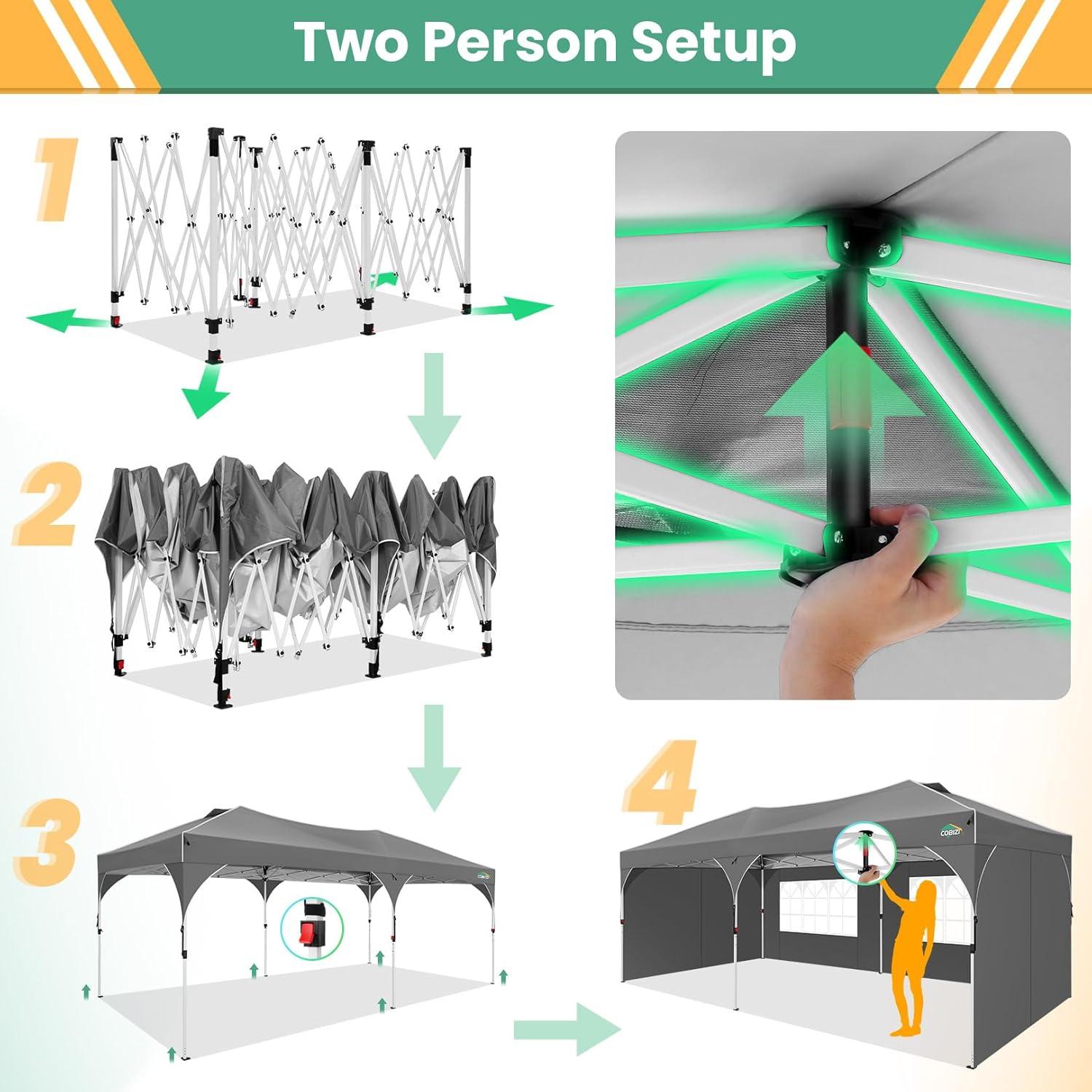 image:imageCOBIZI 10x10 Pop Up Canopy Tent Outdoor Party Tent with 3 Sidewalls 1 Person Easy Set up Tents for Parties with Fluorescent Strip amp 4 Sandbags Waterproof UPF50 3 Adjustable Height GrayGray