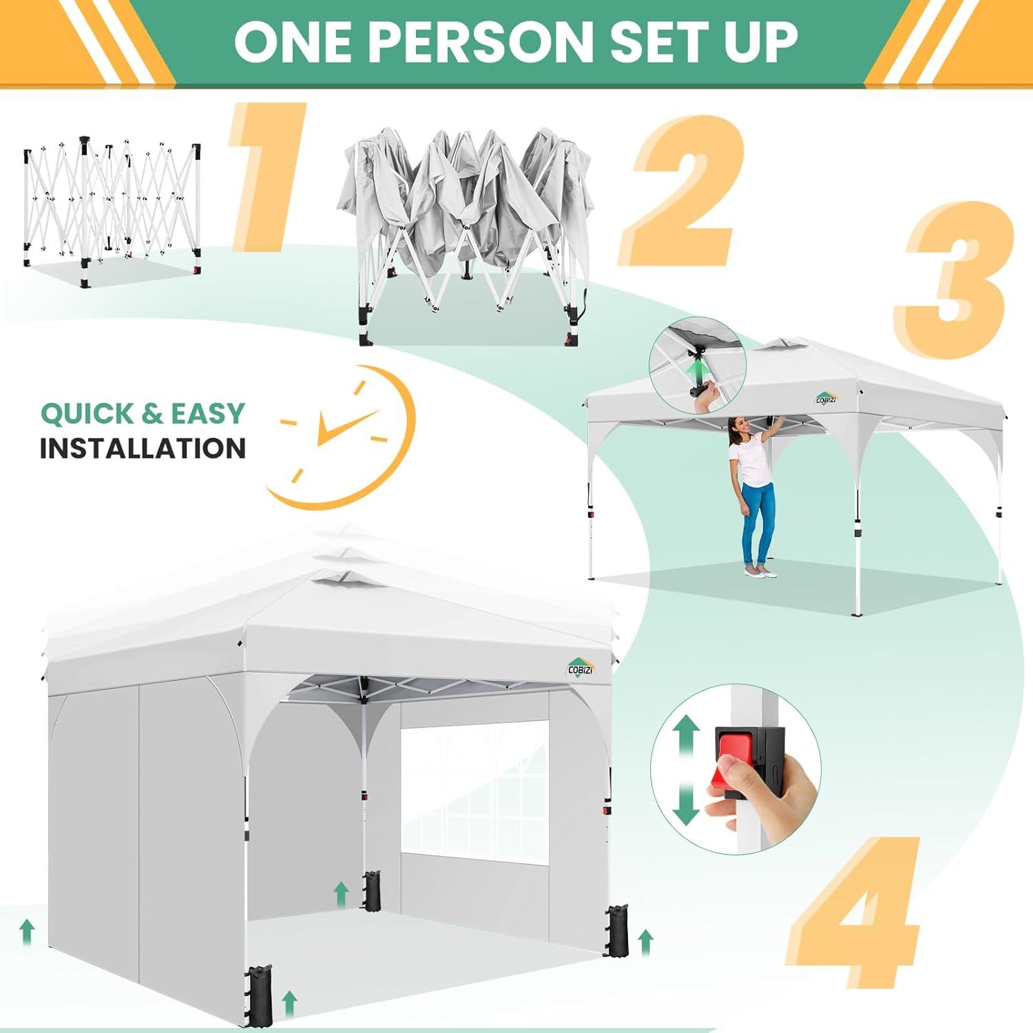 image:imageCOBIZI 10x10 Pop Up Canopy Tent Outdoor Party Tent with 3 Sidewalls 1 Person Easy Set up Tents for Parties with Fluorescent Strip amp 4 Sandbags Waterproof UPF50 3 Adjustable Height GrayWhite