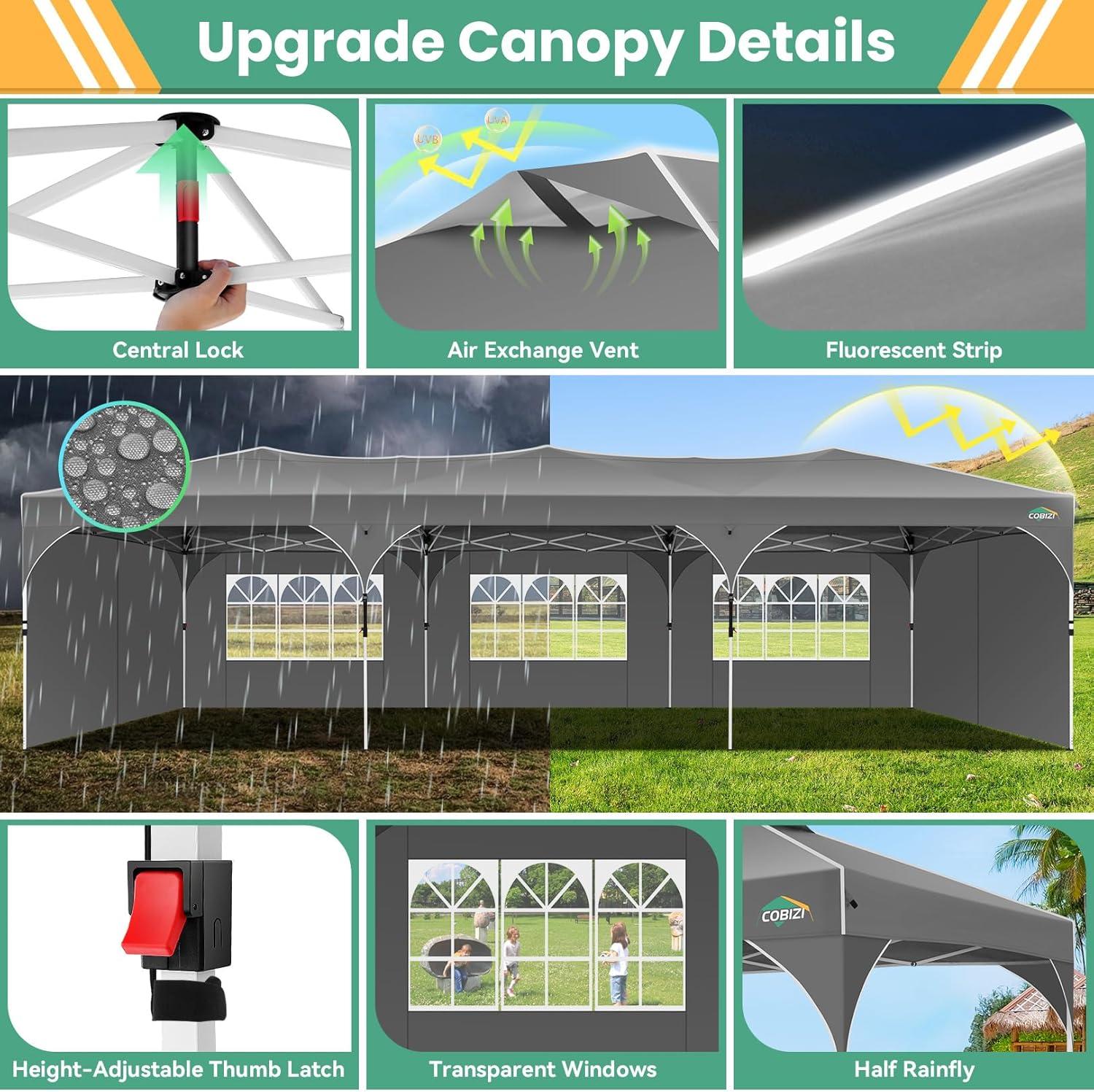 image:imageCOBIZI 10x10 Pop Up Canopy Tent Outdoor Party Tent with 3 Sidewalls 1 Person Easy Set up Tents for Parties with Fluorescent Strip amp 4 Sandbags Waterproof UPF50 3 Adjustable Height GrayGray