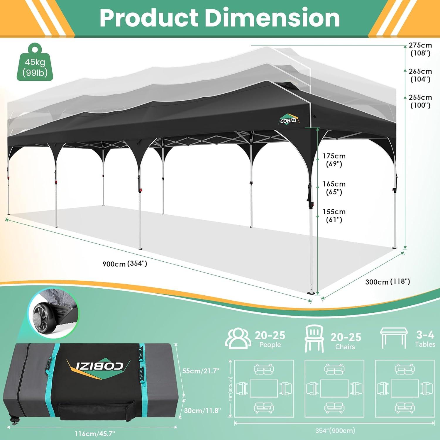 image:imageCOBIZI 10x10 Pop Up Canopy Tent Outdoor Party Tent with 3 Sidewalls 1 Person Easy Set up Tents for Parties with Fluorescent Strip amp 4 Sandbags Waterproof UPF50 3 Adjustable Height GrayBlack