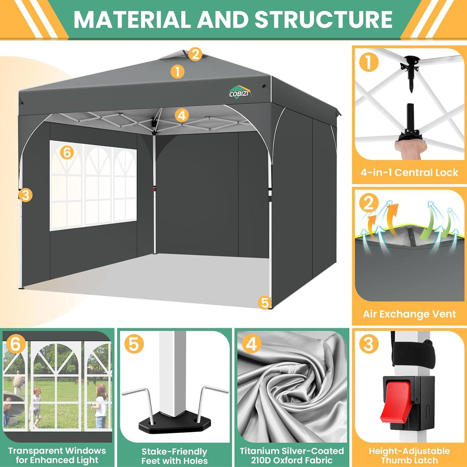 image:imageCOBIZI 10x10 Pop Up Canopy Tent Outdoor Party Tent with 3 Sidewalls 1 Person Easy Set up Tents for Parties with Fluorescent Strip amp 4 Sandbags Waterproof UPF50 3 Adjustable Height GrayGray