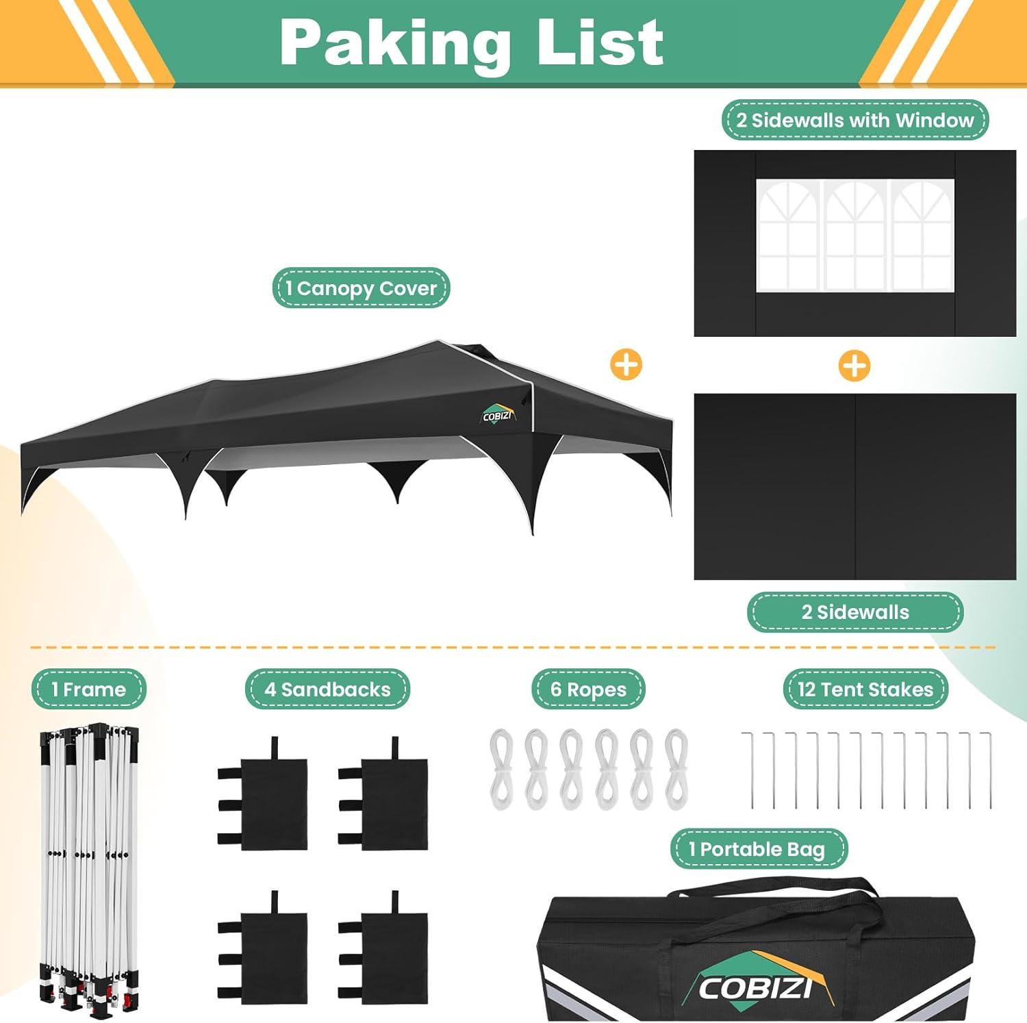 image:imageCOBIZI 10x10 Pop Up Canopy Tent Outdoor Party Tent with 3 Sidewalls 1 Person Easy Set up Tents for Parties with Fluorescent Strip amp 4 Sandbags Waterproof UPF50 3 Adjustable Height GrayBlack