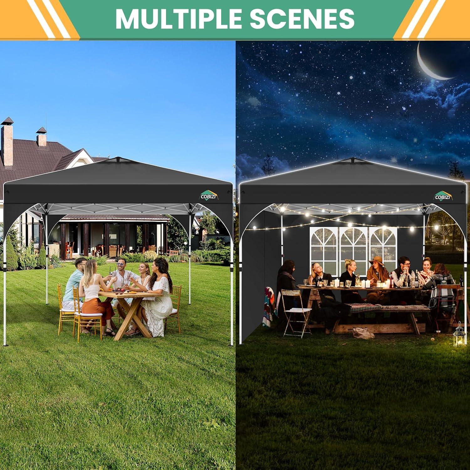 image:imageCOBIZI 10x10 Pop Up Canopy Tent Outdoor Party Tent with 3 Sidewalls 1 Person Easy Set up Tents for Parties with Fluorescent Strip amp 4 Sandbags Waterproof UPF50 3 Adjustable Height GrayBlack