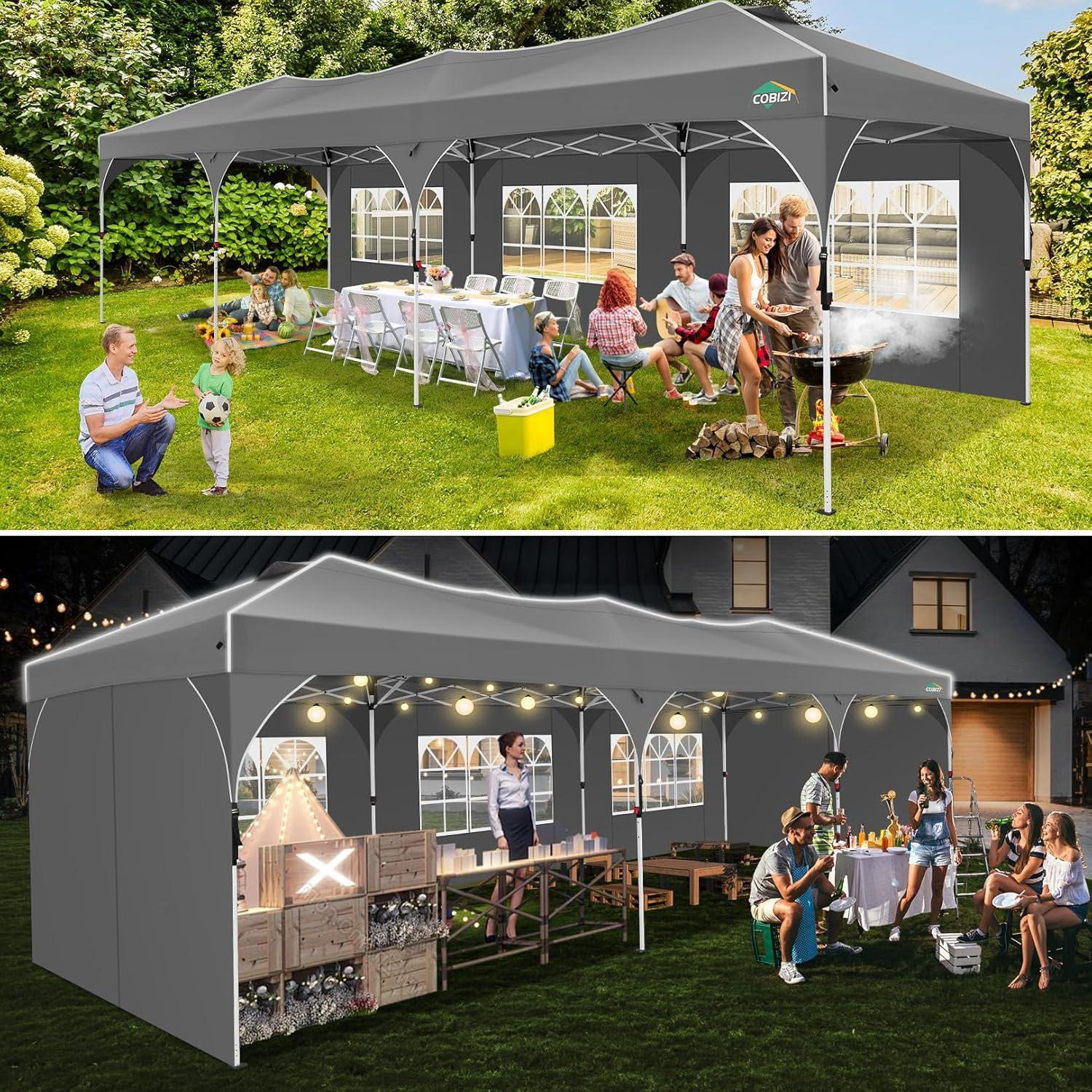 image:imageCOBIZI 10x10 Pop Up Canopy Tent Outdoor Party Tent with 3 Sidewalls 1 Person Easy Set up Tents for Parties with Fluorescent Strip amp 4 Sandbags Waterproof UPF50 3 Adjustable Height GrayGray