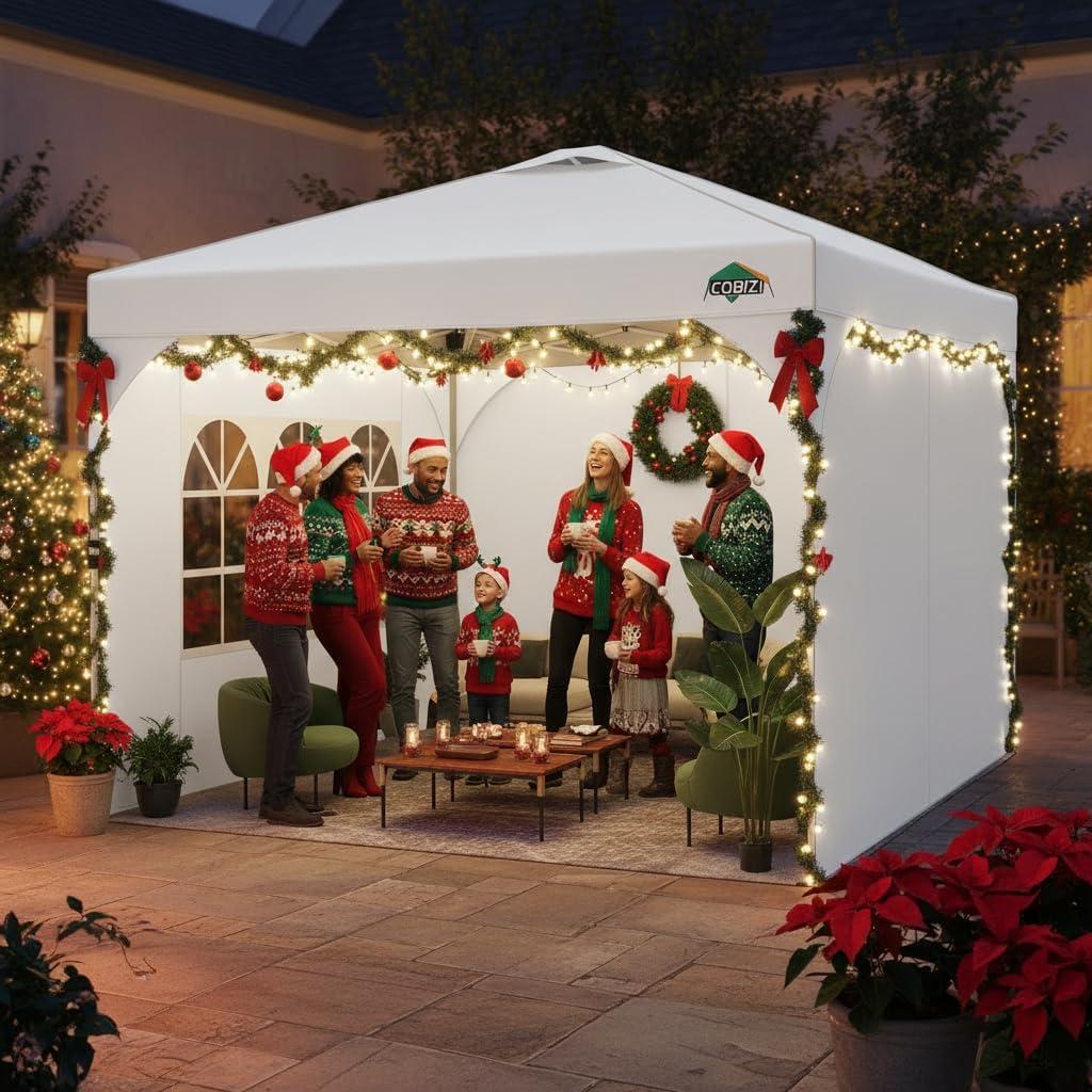 image:imageCOBIZI 10x10 Pop Up Canopy Tent Outdoor Party Tent with 3 Sidewalls 1 Person Easy Set up Tents for Parties with Fluorescent Strip amp 4 Sandbags Waterproof UPF50 3 Adjustable Height GrayWhite