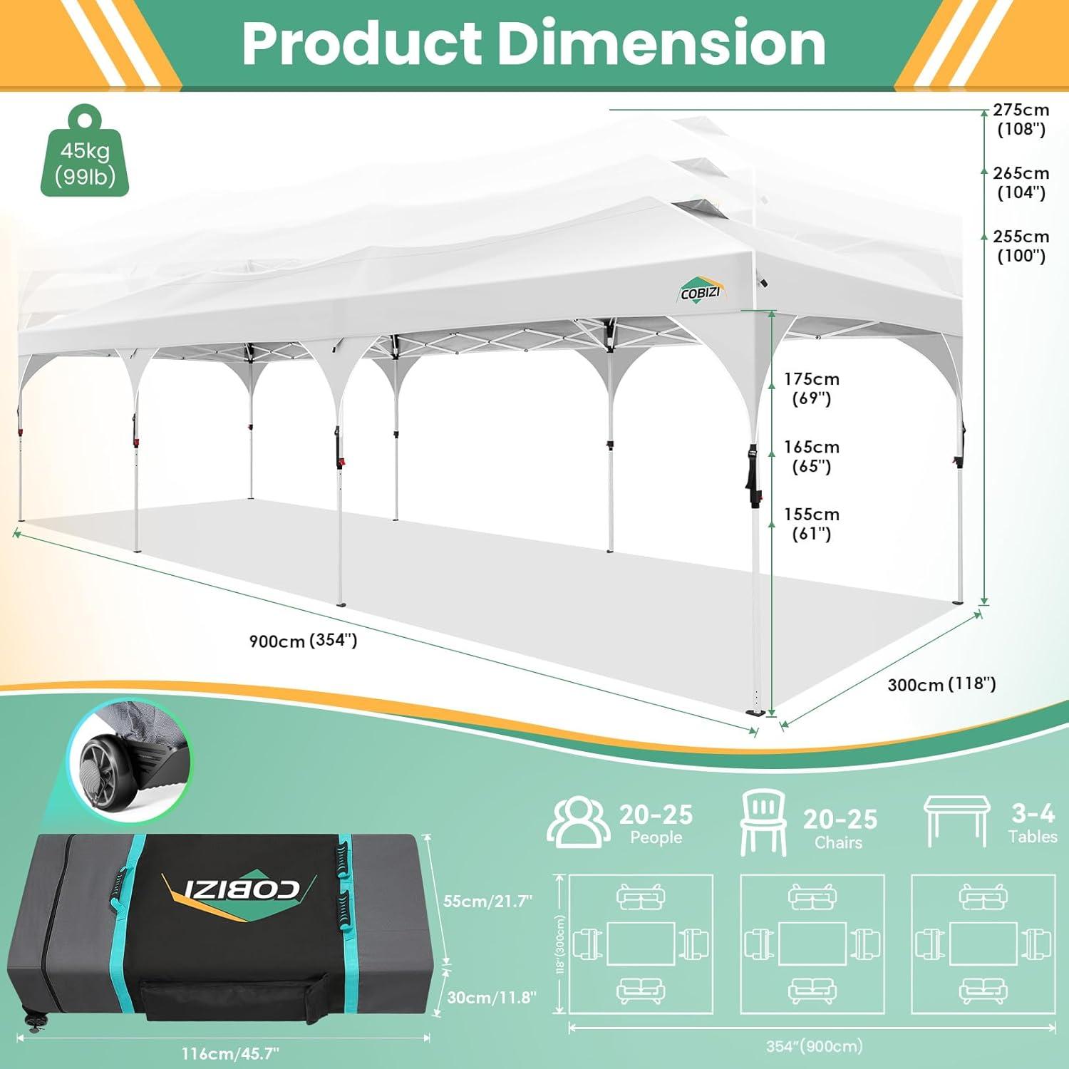 image:imageCOBIZI 10x10 Pop Up Canopy Tent Outdoor Party Tent with 3 Sidewalls 1 Person Easy Set up Tents for Parties with Fluorescent Strip amp 4 Sandbags Waterproof UPF50 3 Adjustable Height GrayWhite