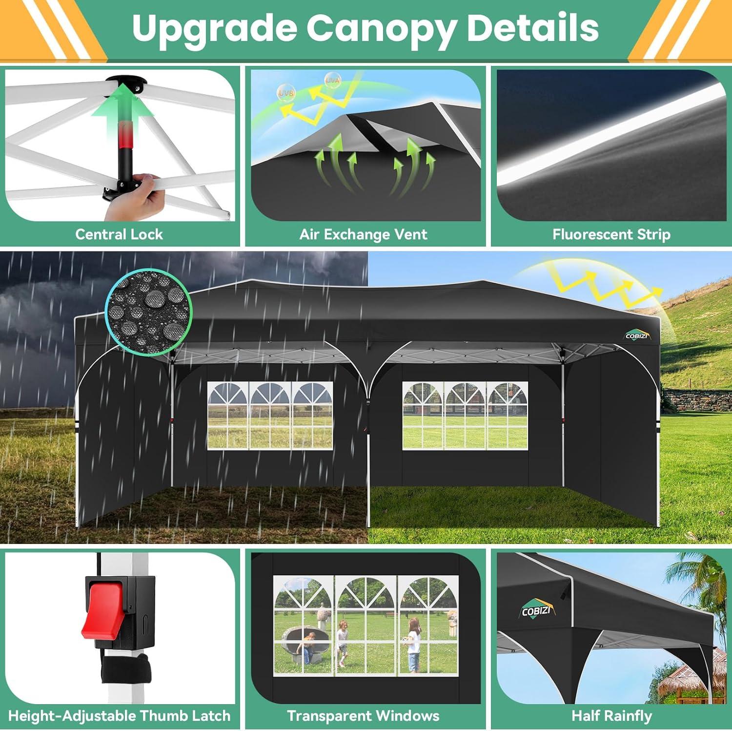 image:imageCOBIZI 10x10 Pop Up Canopy Tent Outdoor Party Tent with 3 Sidewalls 1 Person Easy Set up Tents for Parties with Fluorescent Strip amp 4 Sandbags Waterproof UPF50 3 Adjustable Height GrayBlack