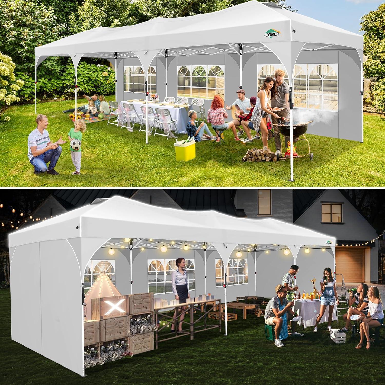 image:imageCOBIZI 10x10 Pop Up Canopy Tent Outdoor Party Tent with 3 Sidewalls 1 Person Easy Set up Tents for Parties with Fluorescent Strip amp 4 Sandbags Waterproof UPF50 3 Adjustable Height GrayWhite