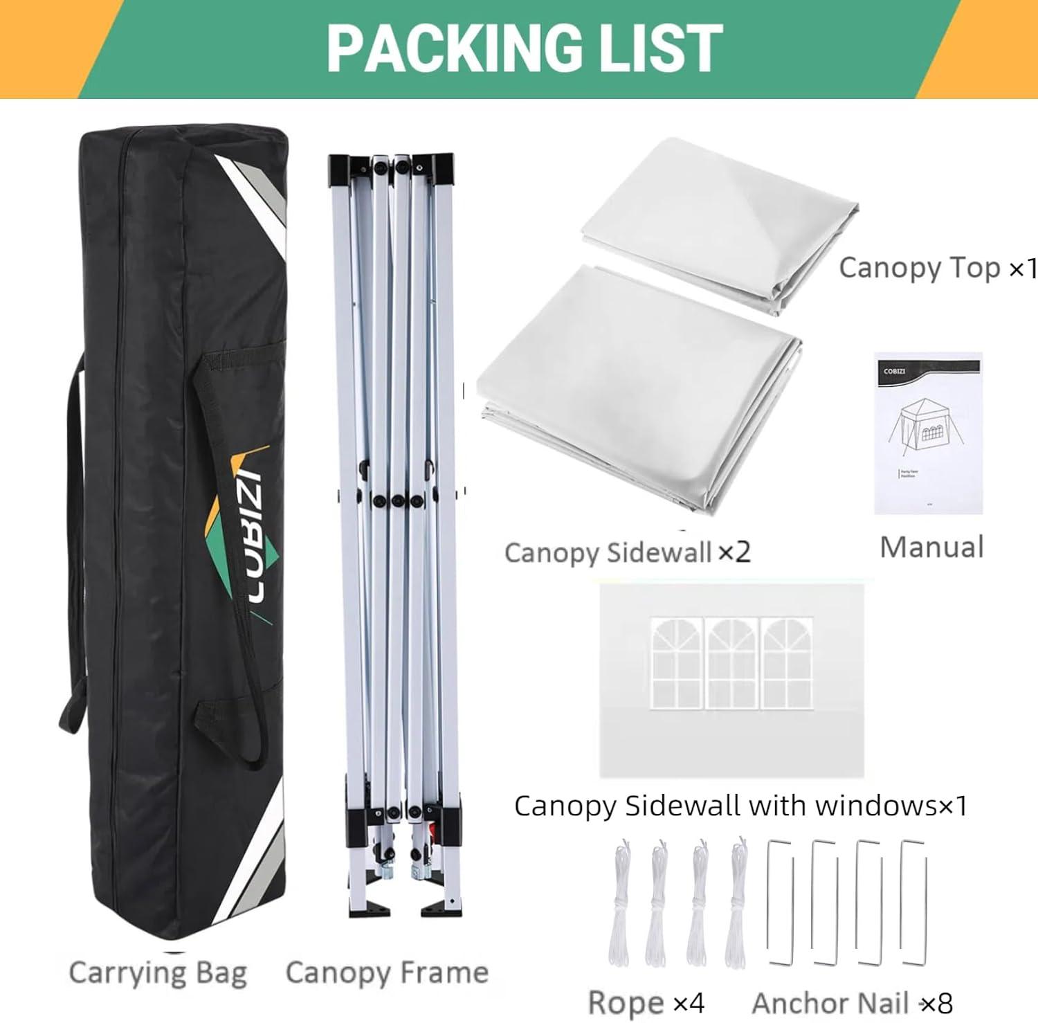 image:imageCOBIZI 10x10 Pop Up Canopy Tent with 3 Sidewalls Easy Up Canopy 10x10 Waterproof Commercial Outdoor Gazebo Portable Shelter Instant Tents for PartiesBackyardFlea MarketCarrying Bag1
