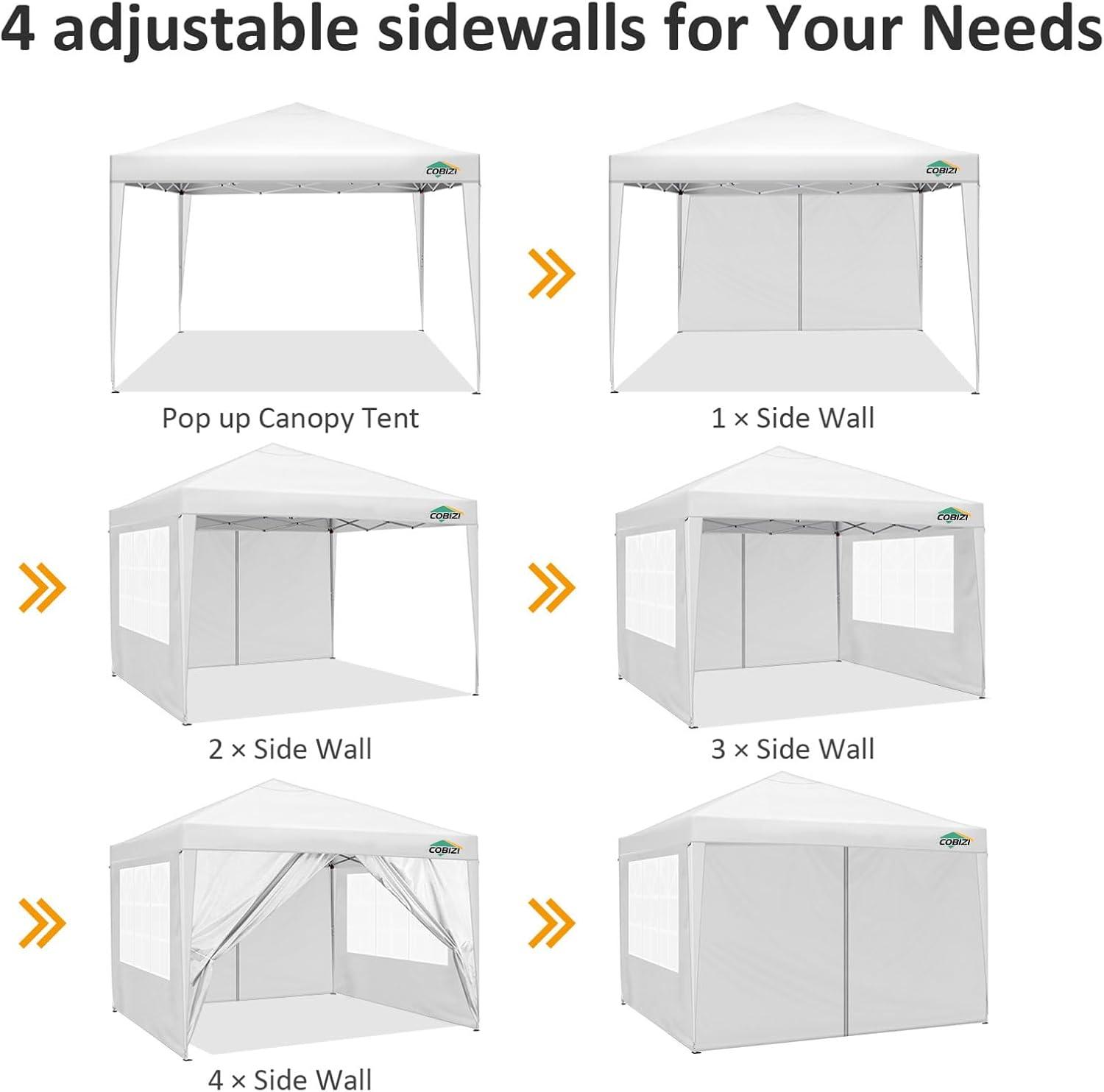 image:imageCOBIZI 10x10 Pop Up Canopy Tent with 4 Removable Sidewalls Waterproof Outdoor Commercial Easy Set Up Gazebo Tent Canopy Tents for PartyExhibitionPicnic with Carry Bag8 Stakes amp 4 Ropes White