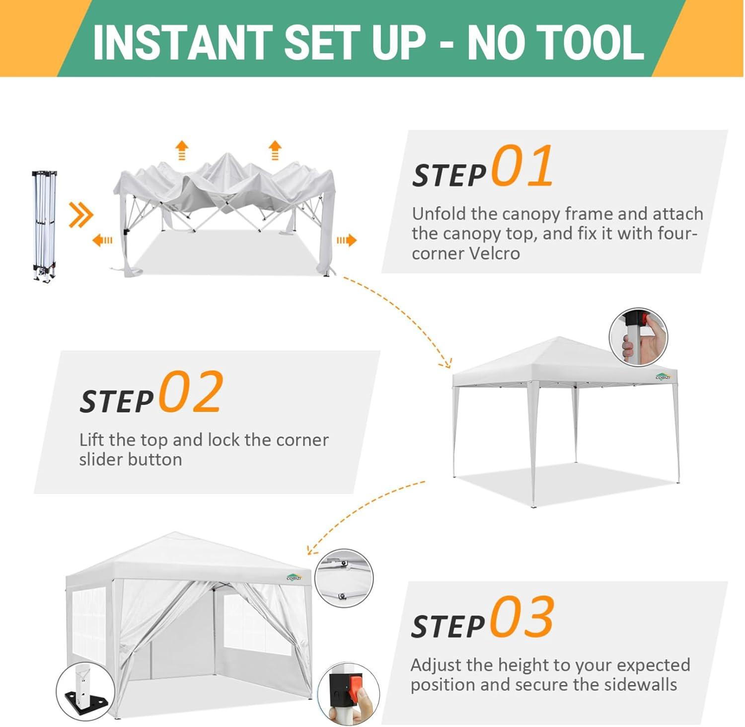 image:imageCOBIZI 10x10 Pop Up Canopy Tent with 4 Removable Sidewalls Waterproof Outdoor Commercial Easy Set Up Gazebo Tent Canopy Tents for PartyExhibitionPicnic with Carry Bag8 Stakes amp 4 Ropes White
