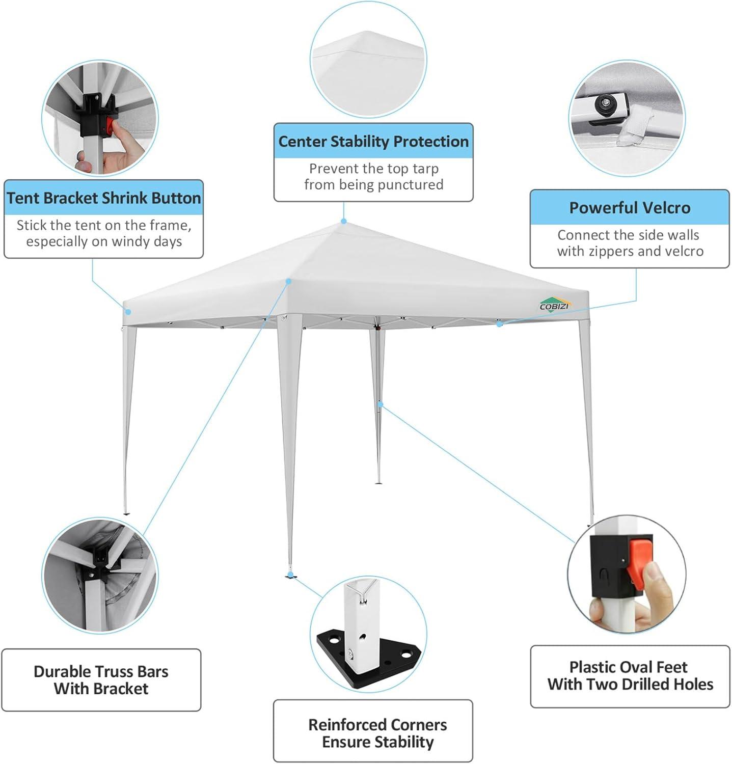 image:imageCOBIZI 10x10 Pop Up Canopy Tent with 4 Removable Sidewalls Waterproof Outdoor Commercial Easy Set Up Gazebo Tent Canopy Tents for PartyExhibitionPicnic with Carry Bag8 Stakes amp 4 Ropes White