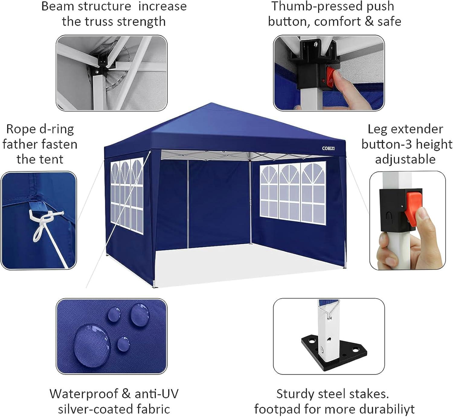image:imageCOBIZI 10x10 Pop Up Canopy Tent with Removable Sidewalls Waterproof Portable Easy Up Canopy with Carry Bag Instant Outdoor Shelter Tents for Parties Events Backyard Gatherings Weddings KhakiNavy Blue
