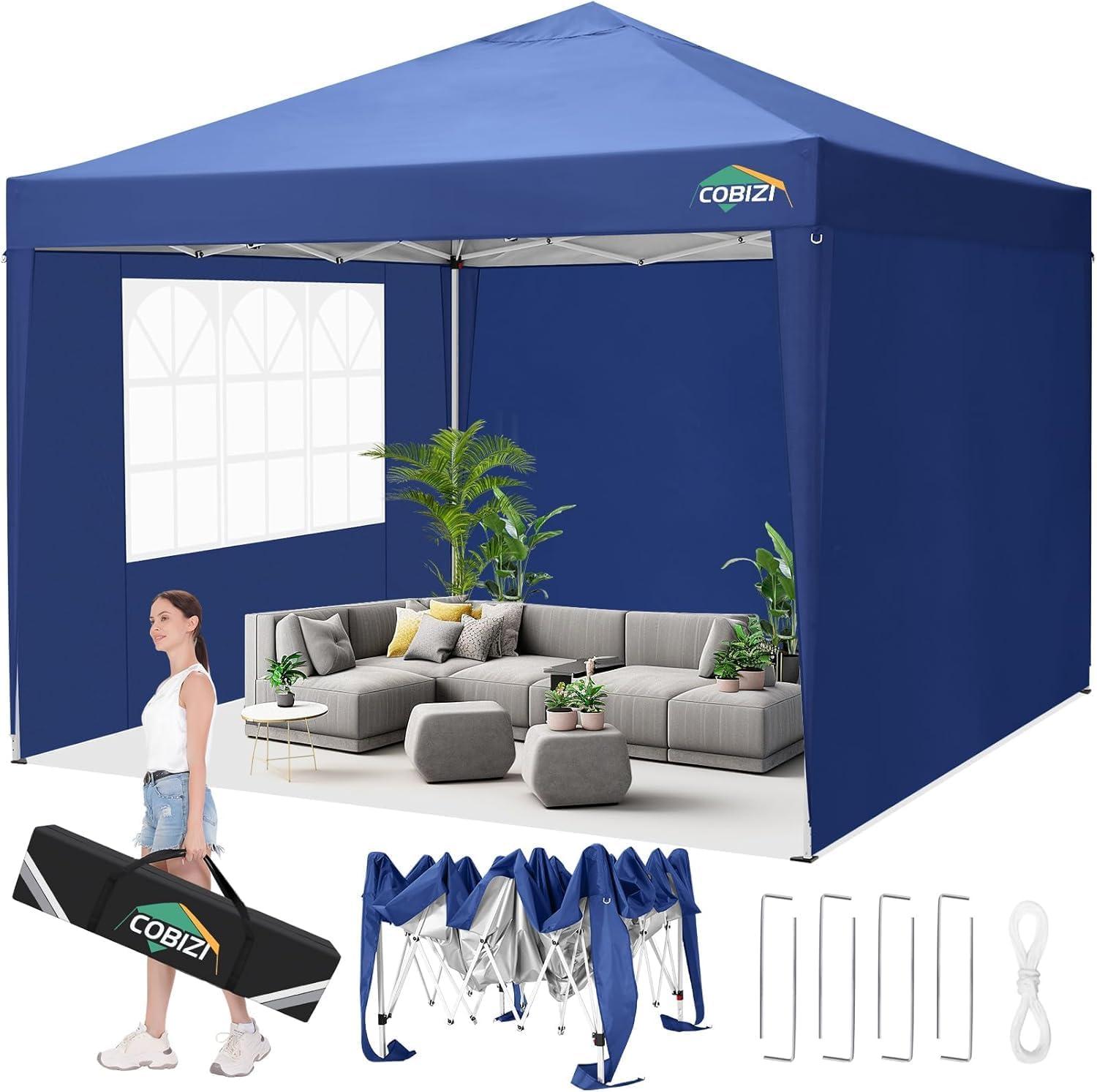 image:imageCOBIZI 10x10 Pop Up Canopy Tent with Removable Sidewalls Waterproof Portable Easy Up Canopy with Carry Bag Instant Outdoor Shelter Tents for Parties Events Backyard Gatherings Weddings KhakiNavy Blue