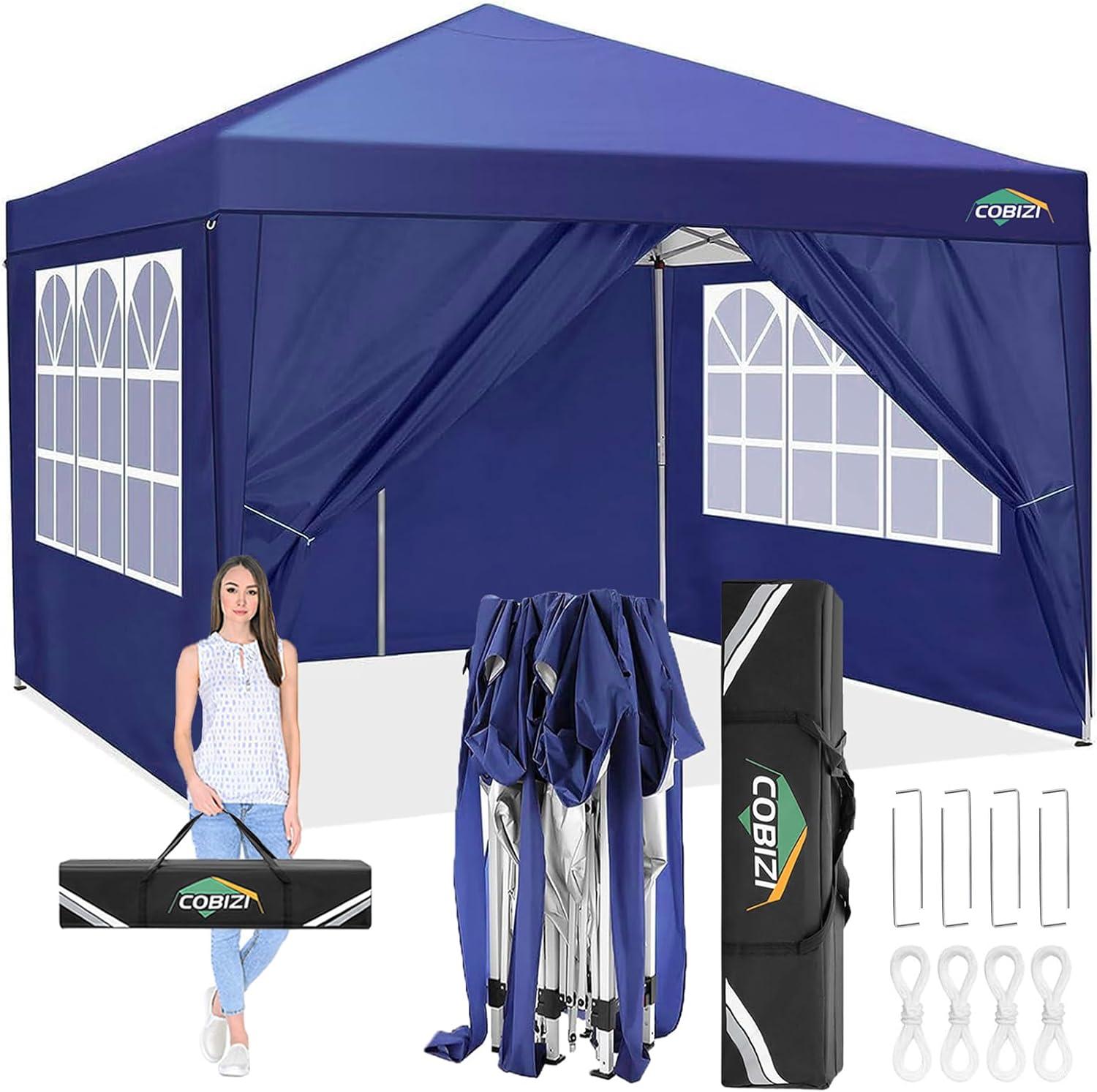 image:imageCOBIZI 10x10 Pop Up Canopy Tent with Removable Sidewalls Waterproof Portable Easy Up Canopy with Carry Bag Instant Outdoor Shelter Tents for Parties Events Backyard Gatherings Weddings KhakiNavy Blue
