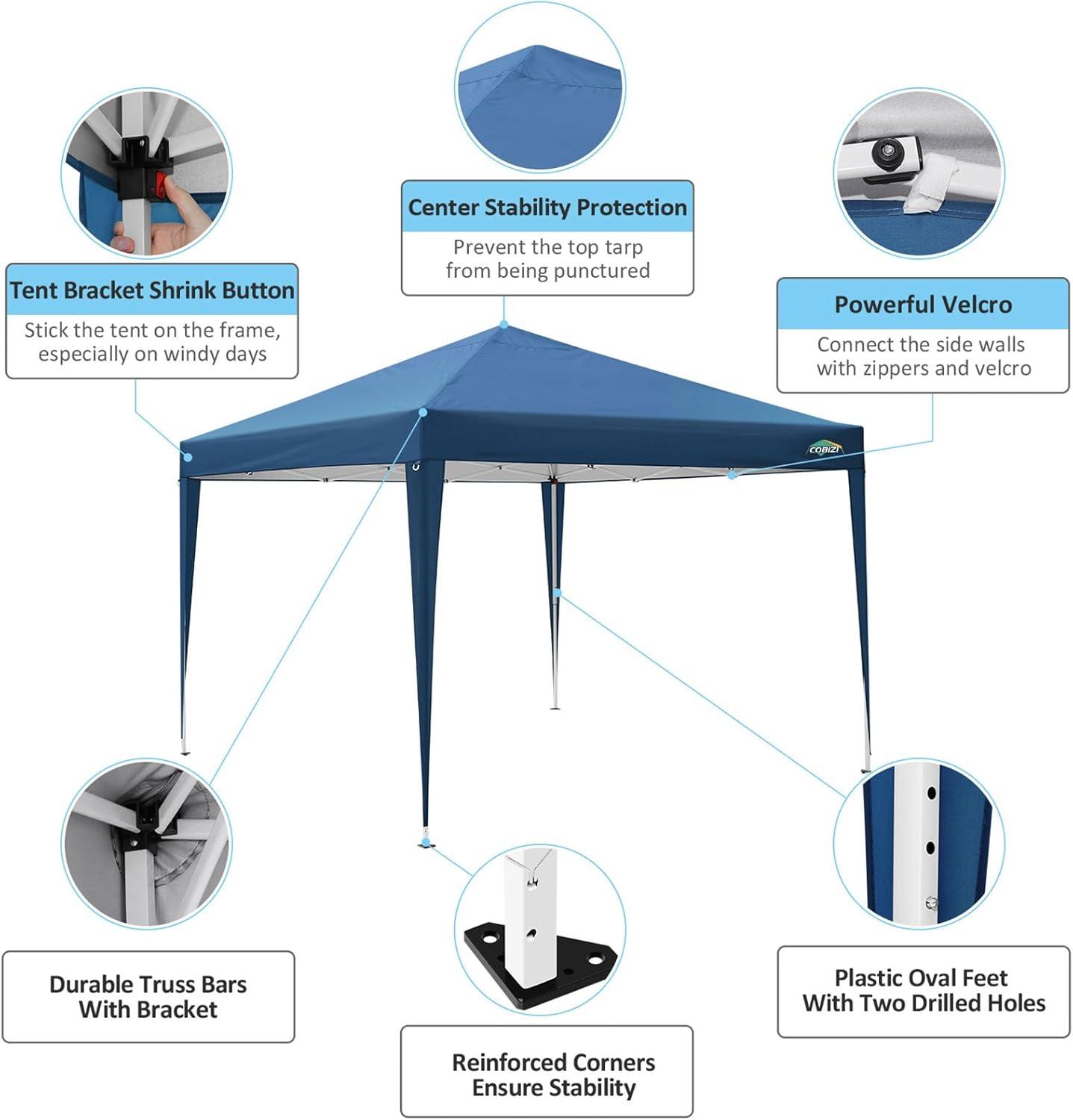 image:imageCOBIZI 10x10 Pop Up Canopy Tent with Removable Sidewalls Waterproof Portable Easy Up Canopy with Carry Bag Instant Outdoor Shelter Tents for Parties Events Backyard Gatherings Weddings KhakiBlue