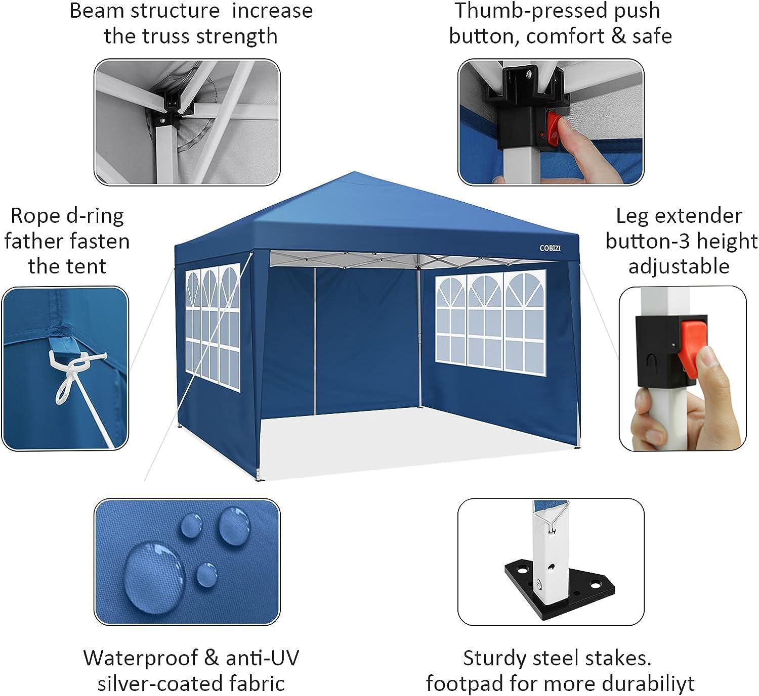 image:imageCOBIZI 10x10 Pop Up Canopy Tent with Removable Sidewalls Waterproof Portable Easy Up Canopy with Carry Bag Instant Outdoor Shelter Tents for Parties Events Backyard Gatherings Weddings KhakiBlue