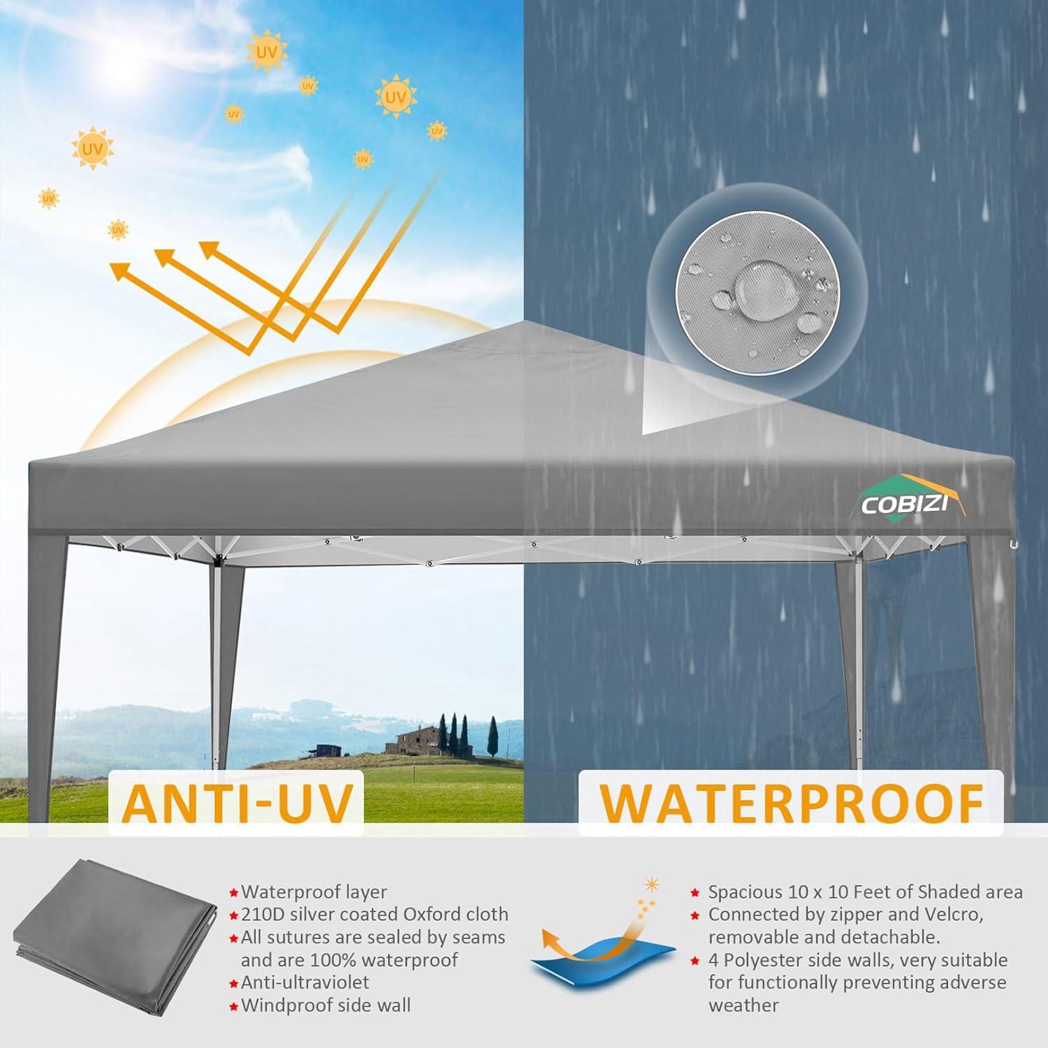 image:imageCOBIZI 10x10 Pop Up Canopy Tent with Removable Sidewalls Waterproof Portable Easy Up Canopy with Carry Bag Instant Outdoor Shelter Tents for Parties Events Backyard Gatherings Weddings KhakiGray
