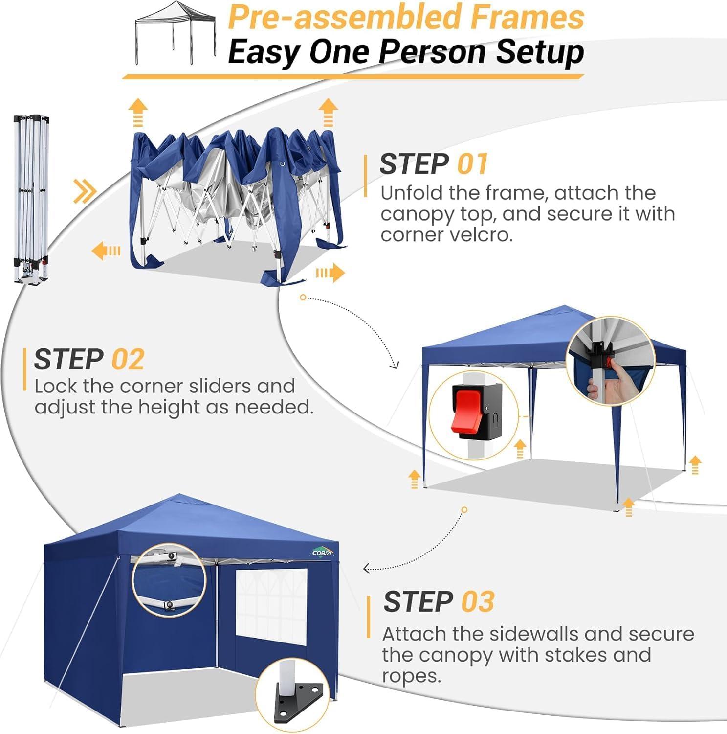image:imageCOBIZI 10x10 Pop Up Canopy Tent with Removable Sidewalls Waterproof Portable Easy Up Canopy with Carry Bag Instant Outdoor Shelter Tents for Parties Events Backyard Gatherings Weddings KhakiNavy Blue