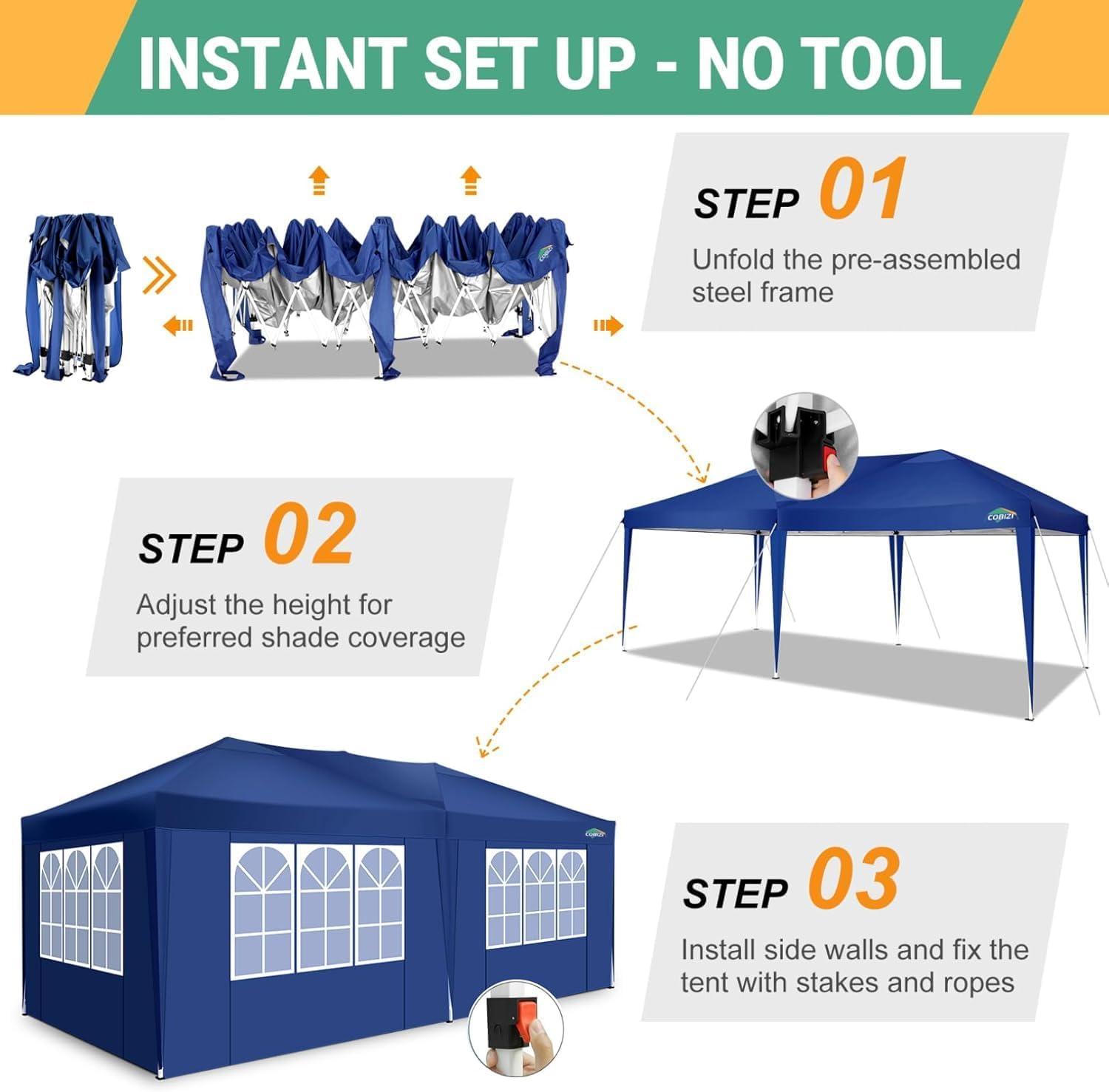 image:imageCOBIZI 10x10 Pop Up Canopy Tent with Removable Sidewalls Waterproof Portable Easy Up Canopy with Carry Bag Instant Outdoor Shelter Tents for Parties Events Backyard Gatherings Weddings KhakiNavy Blue