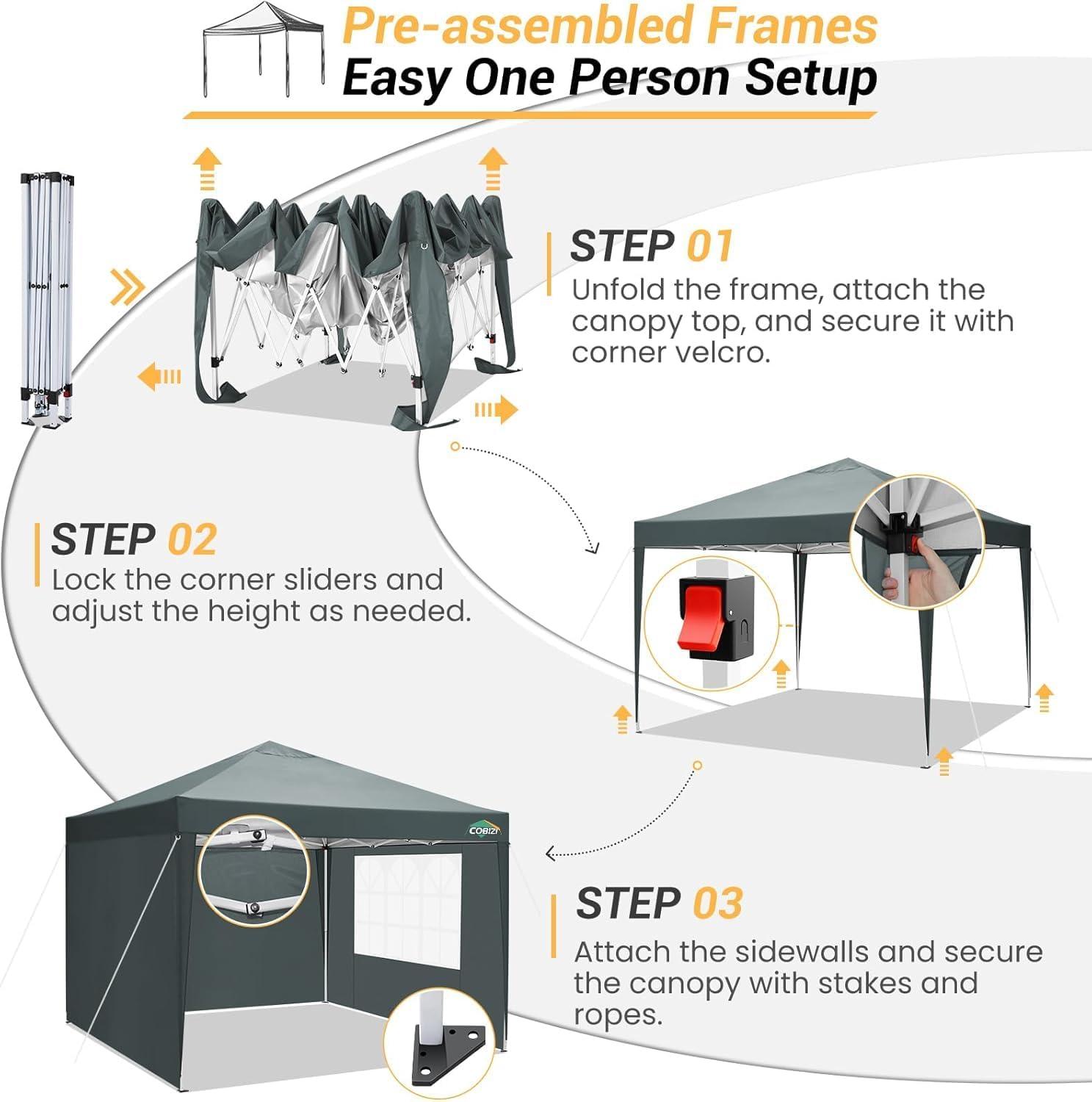 image:imageCOBIZI 10x10 Pop Up Canopy Tent with Removable Sidewalls Waterproof Portable Easy Up Canopy with Carry Bag Instant Outdoor Shelter Tents for Parties Events Backyard Gatherings Weddings KhakiGray