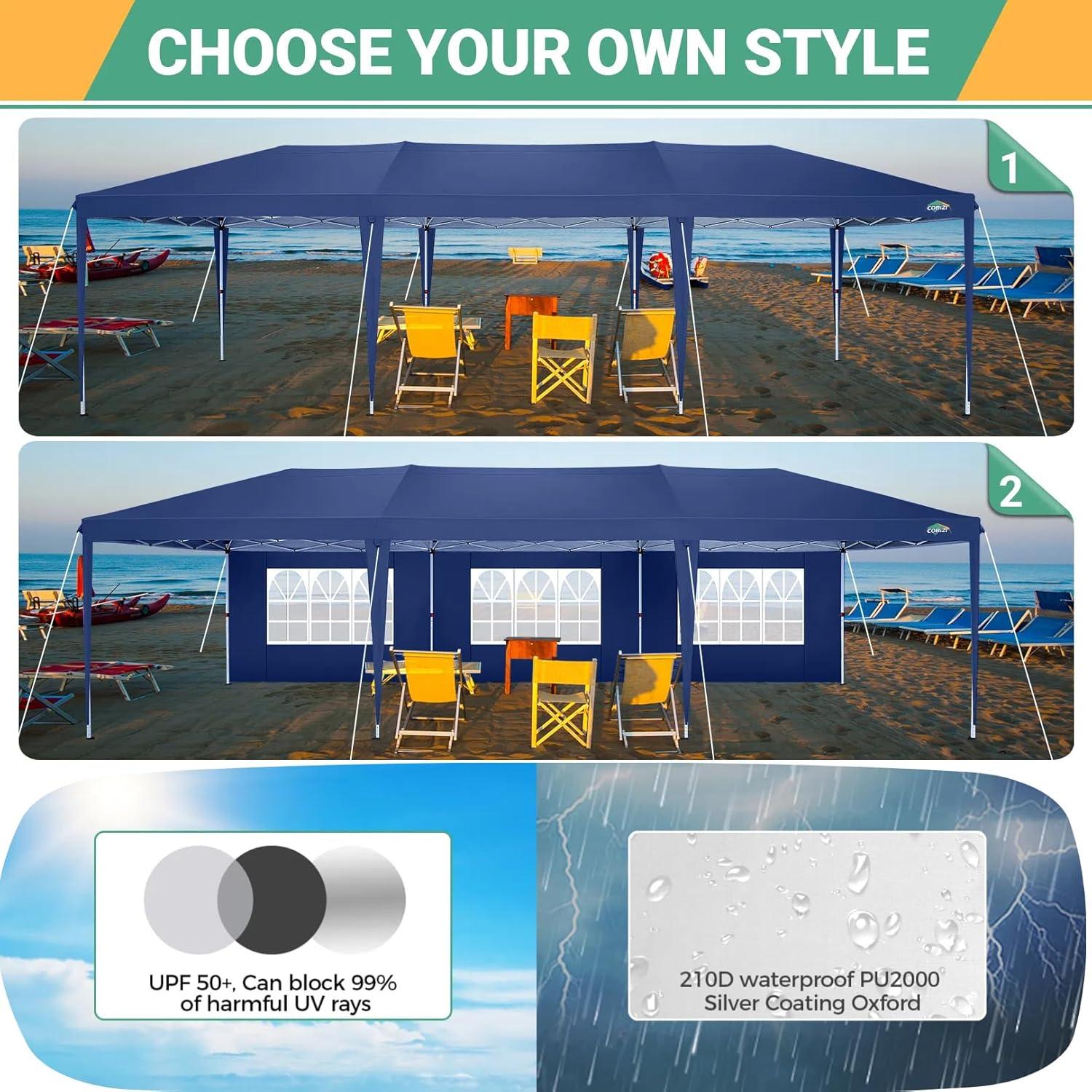 image:imageCOBIZI 10x10 Pop Up Canopy Tent with Removable Sidewalls Waterproof Portable Easy Up Canopy with Carry Bag Instant Outdoor Shelter Tents for Parties Events Backyard Gatherings Weddings KhakiNavy Blue