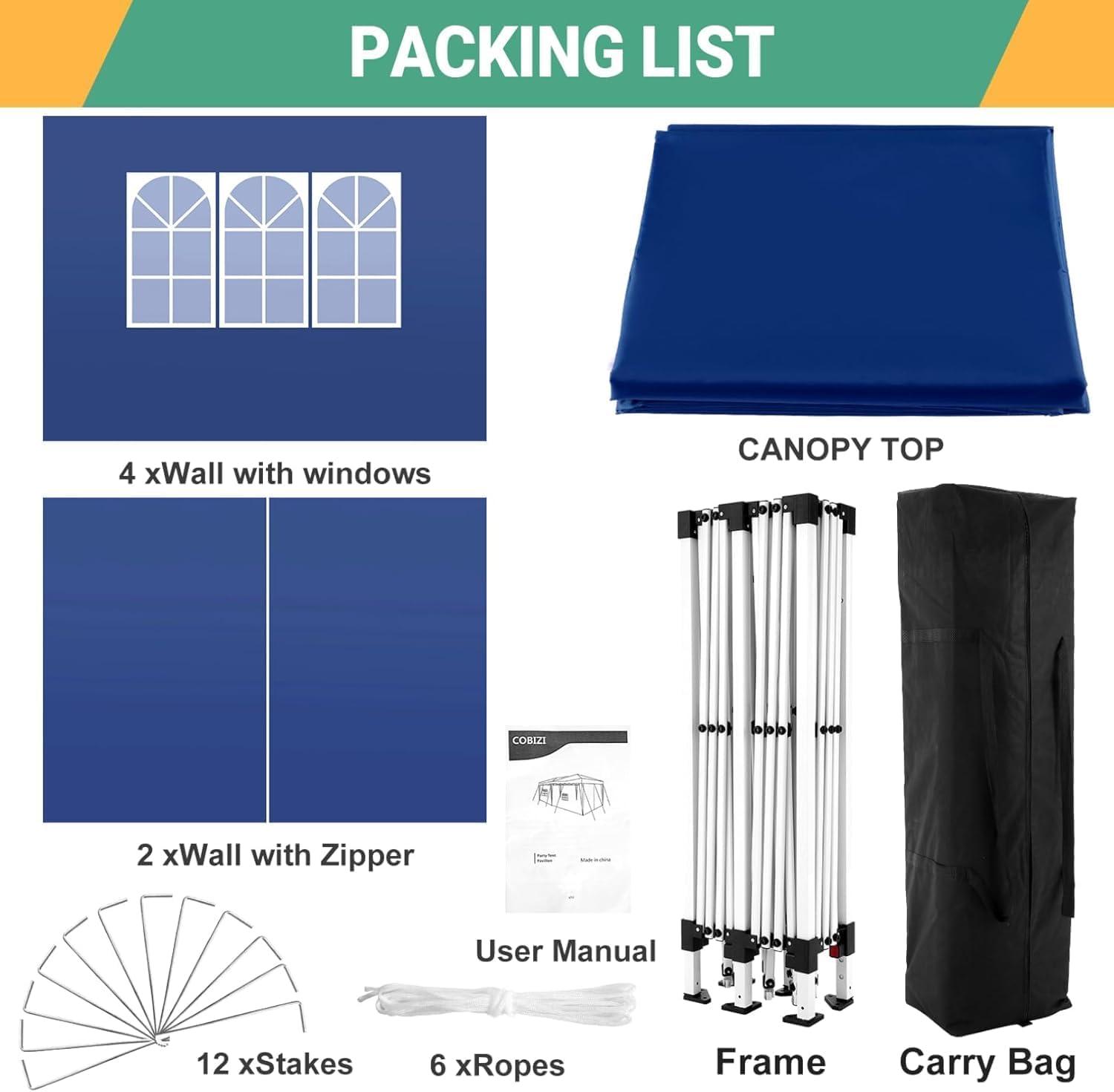 image:imageCOBIZI 10x10 Pop Up Canopy Tent with Removable Sidewalls Waterproof Portable Easy Up Canopy with Carry Bag Instant Outdoor Shelter Tents for Parties Events Backyard Gatherings Weddings KhakiNavy Blue