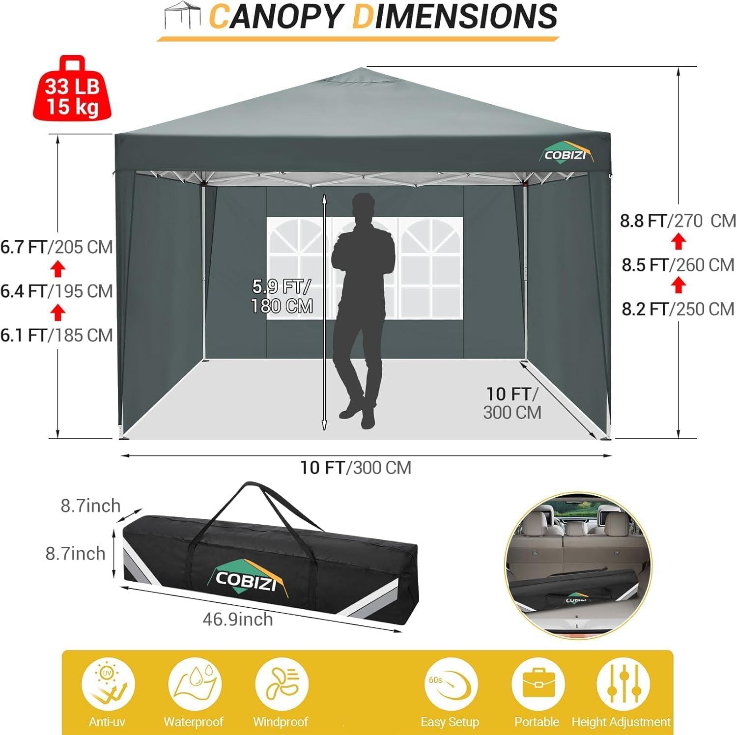 image:imageCOBIZI 10x10 Pop Up Canopy Tent with Removable Sidewalls Waterproof Portable Easy Up Canopy with Carry Bag Instant Outdoor Shelter Tents for Parties Events Backyard Gatherings Weddings KhakiGray