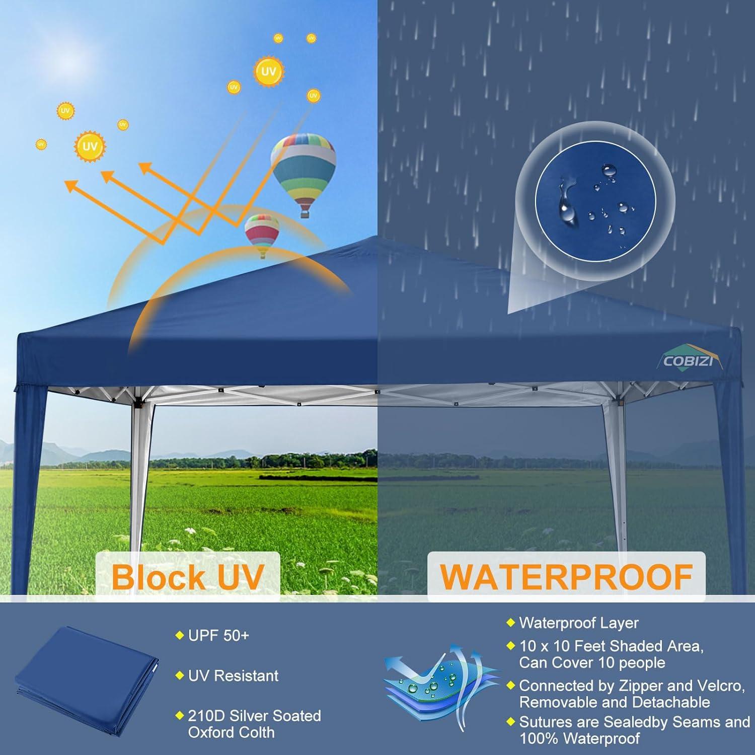 image:imageCOBIZI 10x10 Pop Up Canopy Tent with Removable Sidewalls Waterproof Portable Easy Up Canopy with Carry Bag Instant Outdoor Shelter Tents for Parties Events Backyard Gatherings Weddings KhakiNavy Blue
