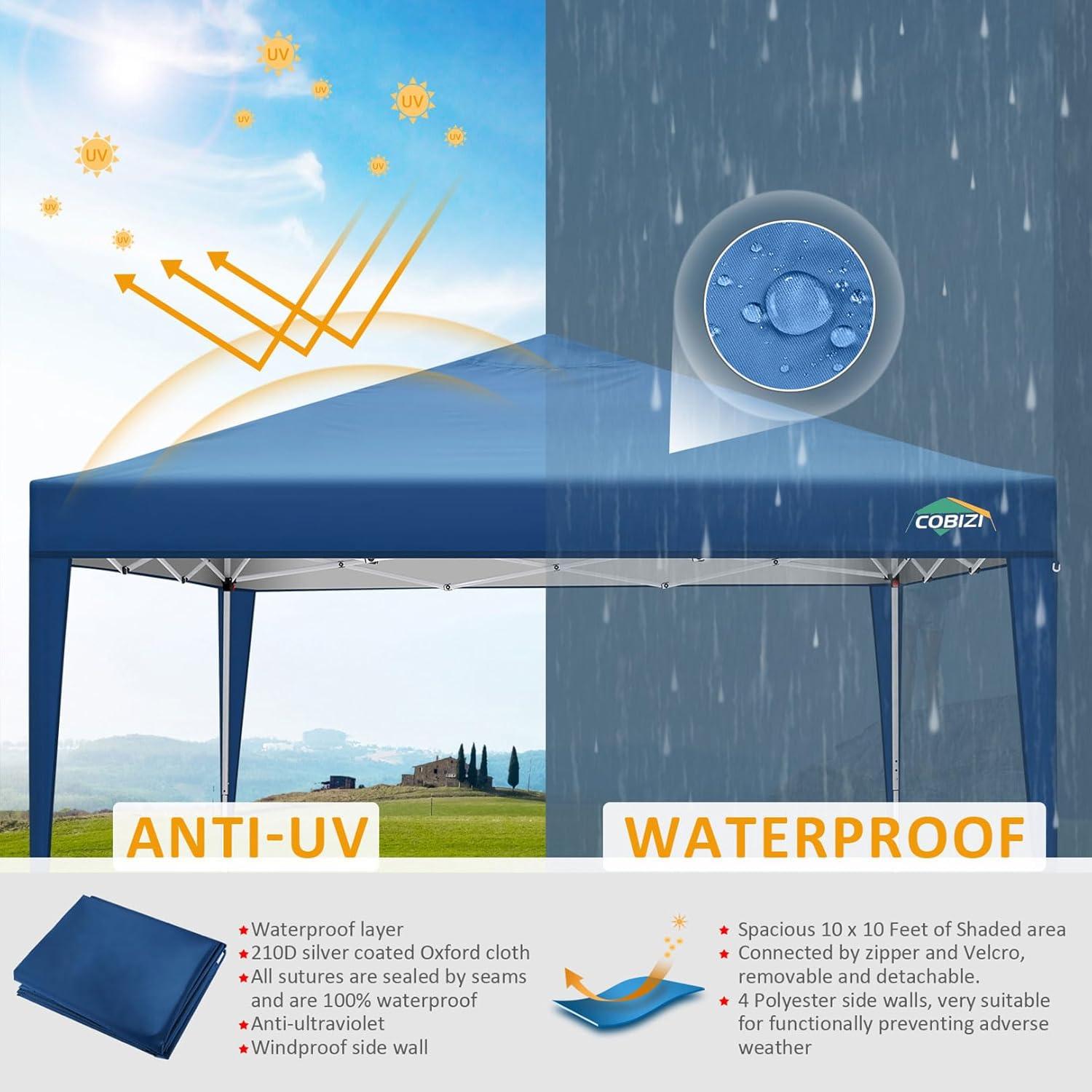 image:imageCOBIZI 10x10 Pop Up Canopy Tent with Removable Sidewalls Waterproof Portable Easy Up Canopy with Carry Bag Instant Outdoor Shelter Tents for Parties Events Backyard Gatherings Weddings KhakiBlue