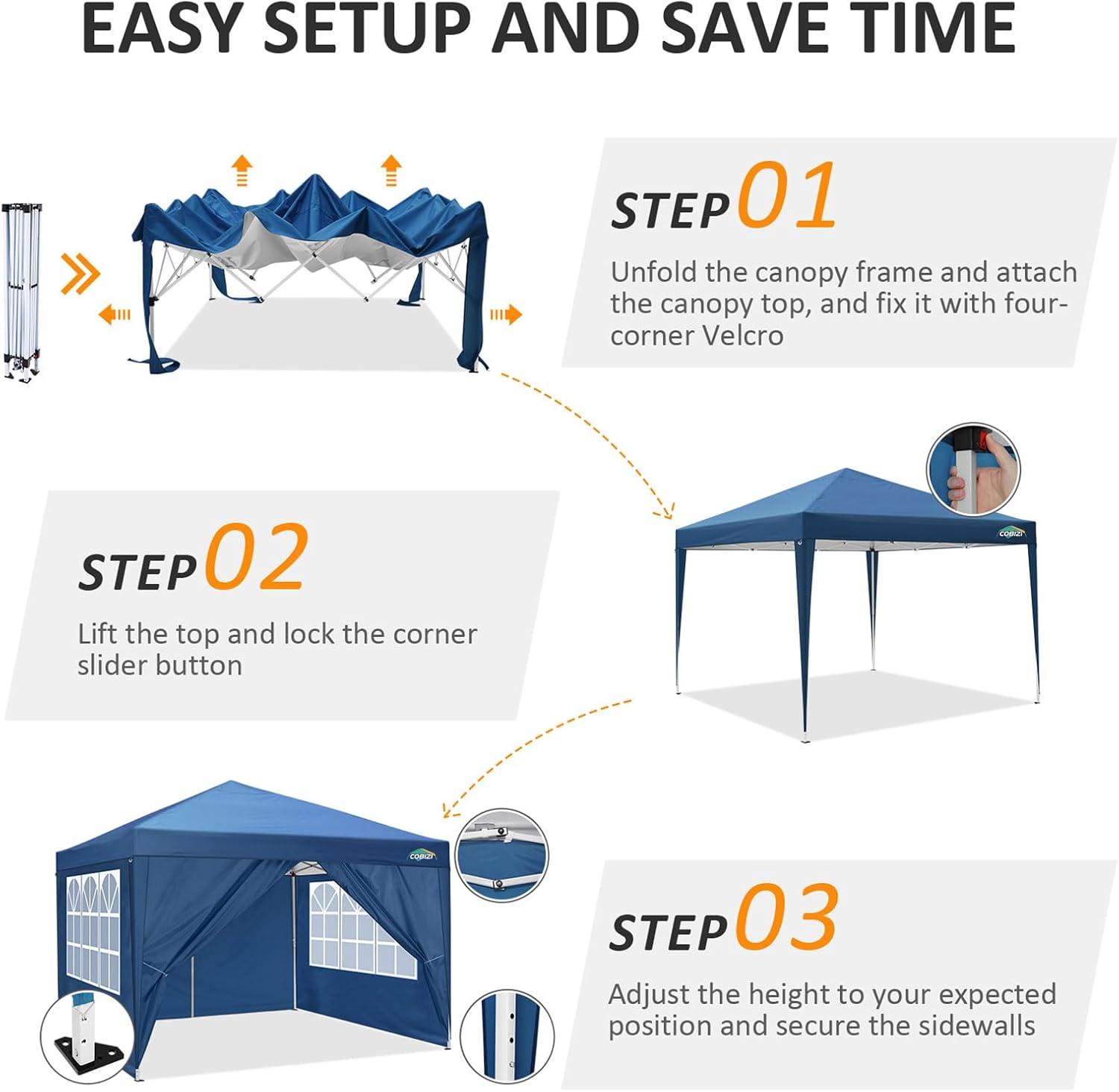 image:imageCOBIZI 10x10 Pop Up Canopy Tent with Removable Sidewalls Waterproof Portable Easy Up Canopy with Carry Bag Instant Outdoor Shelter Tents for Parties Events Backyard Gatherings Weddings KhakiBlue